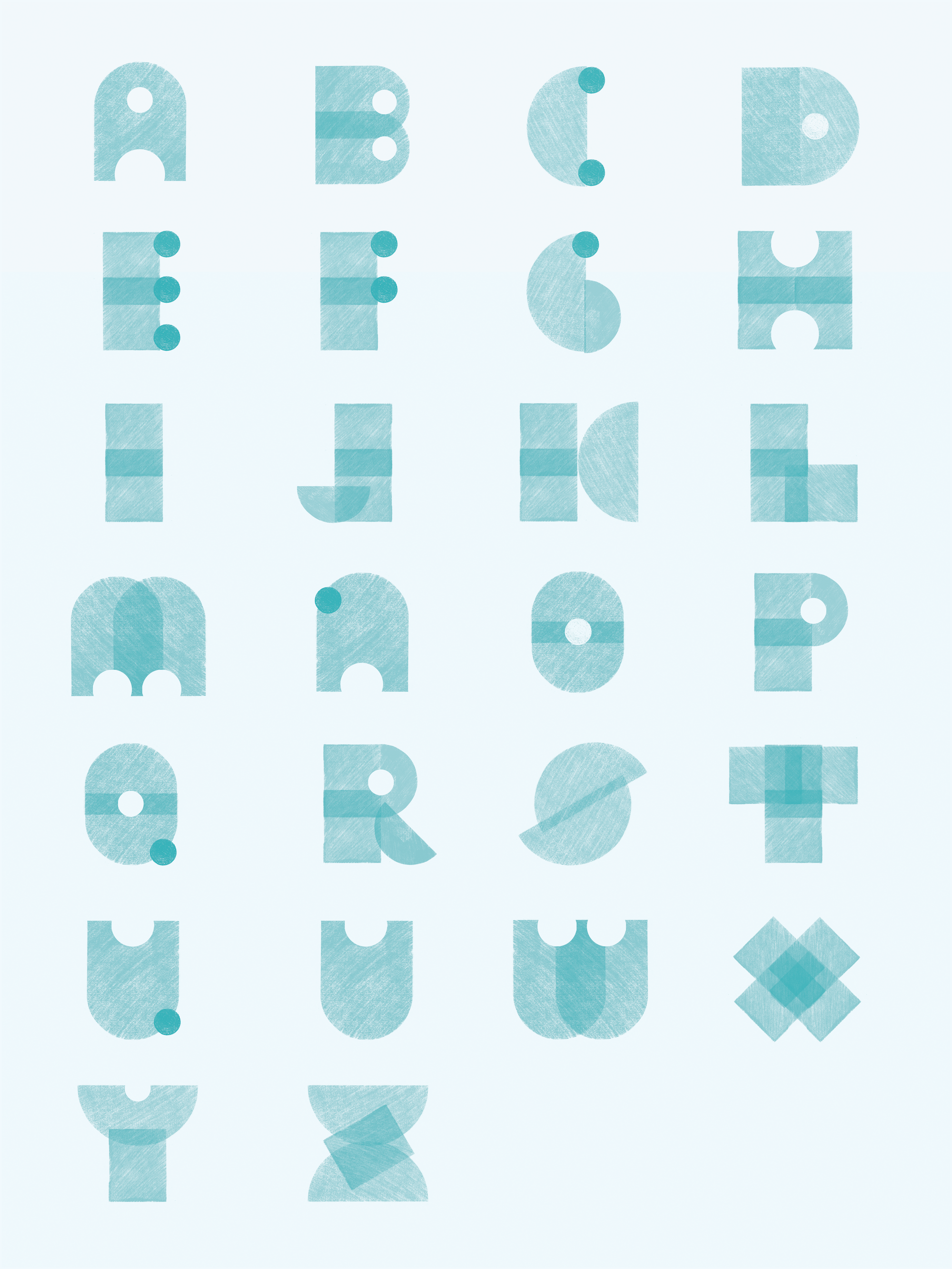 Light blue alphabet letters in a geometric, abstract style on a light background.