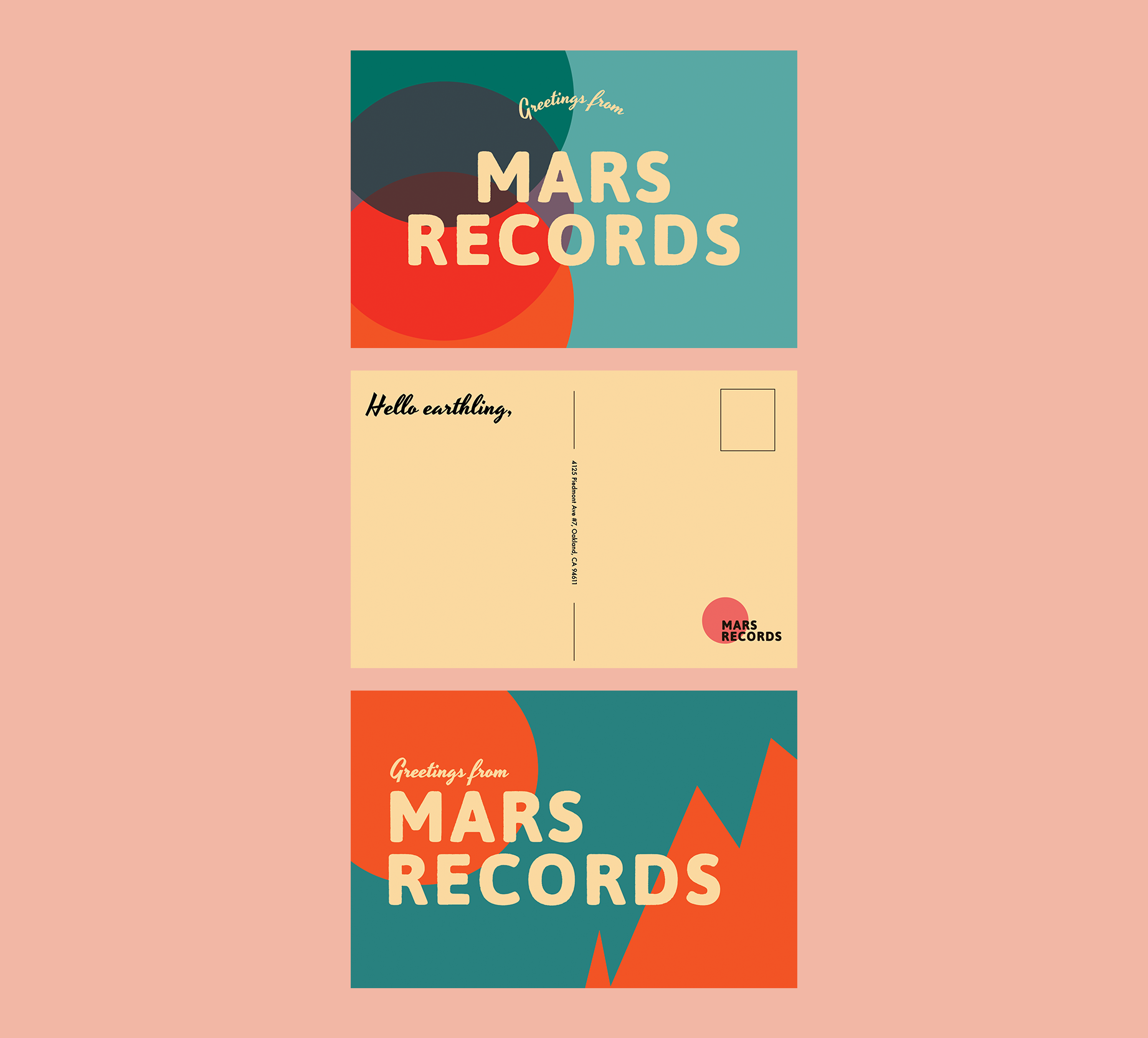 Retro-style Mars Records postcard with colorful geometric shapes and text reading "Greetings from Mars Records".
