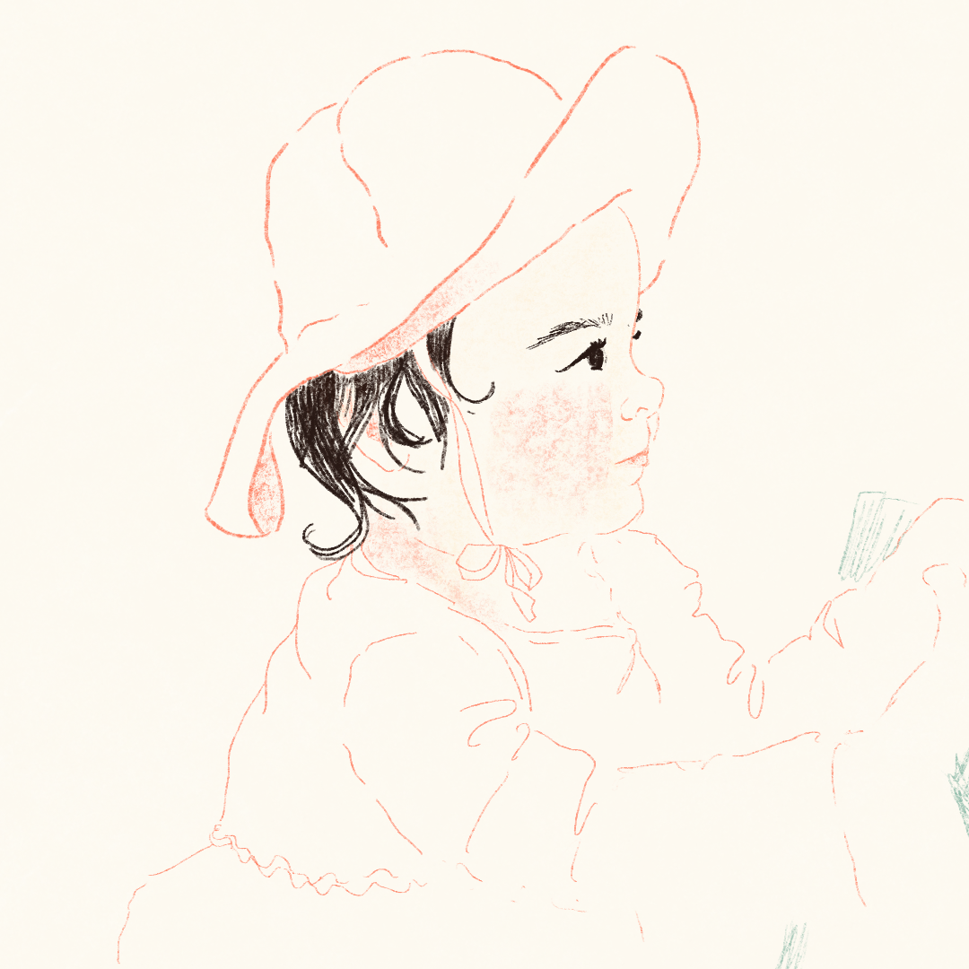 A drawing of a young girl wearing a large hat, looking to the right and reading a book.