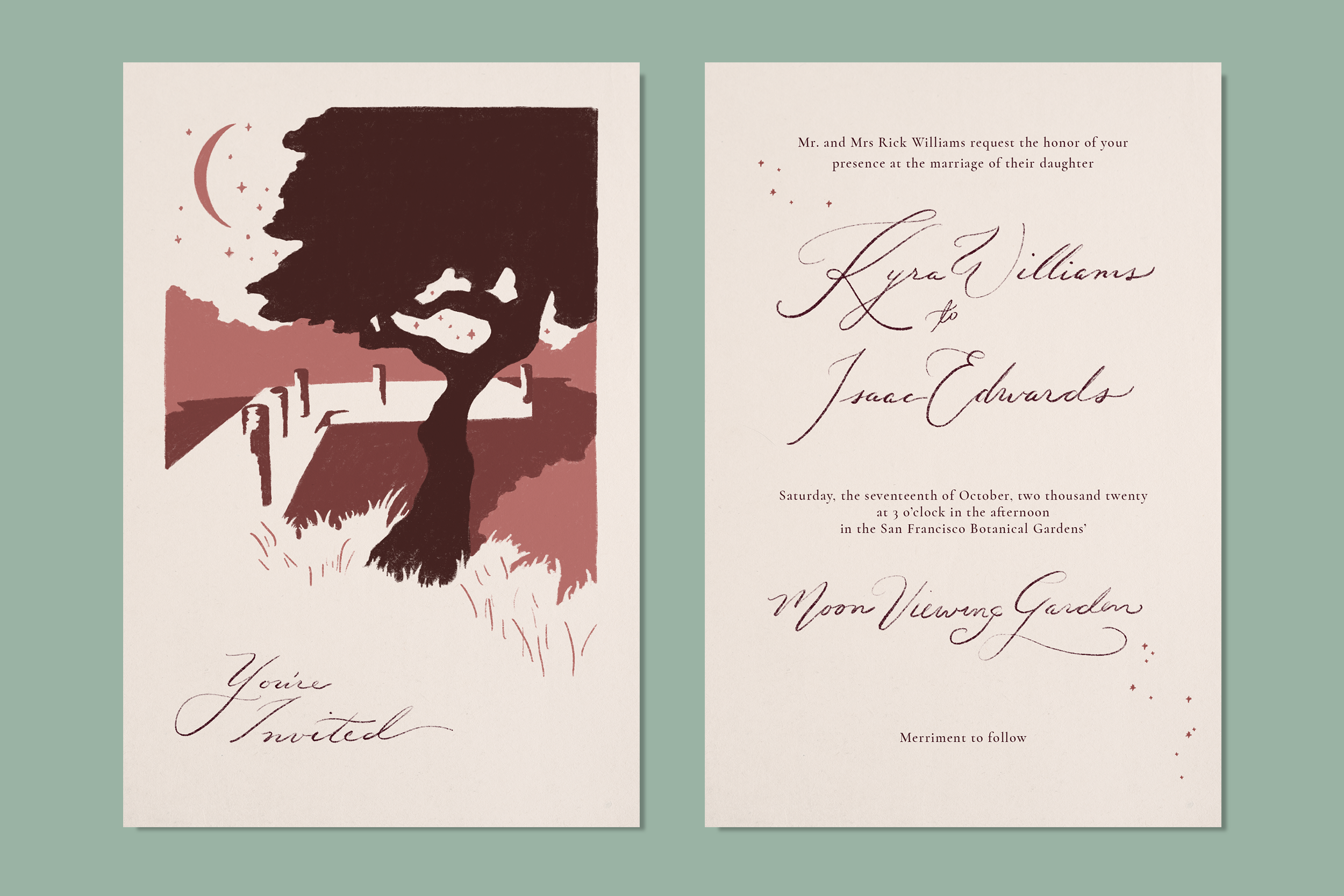 Invitation card featuring a silhouette of a tree with a crescent moon and stars in the background on the front, and wedding details on the inside.