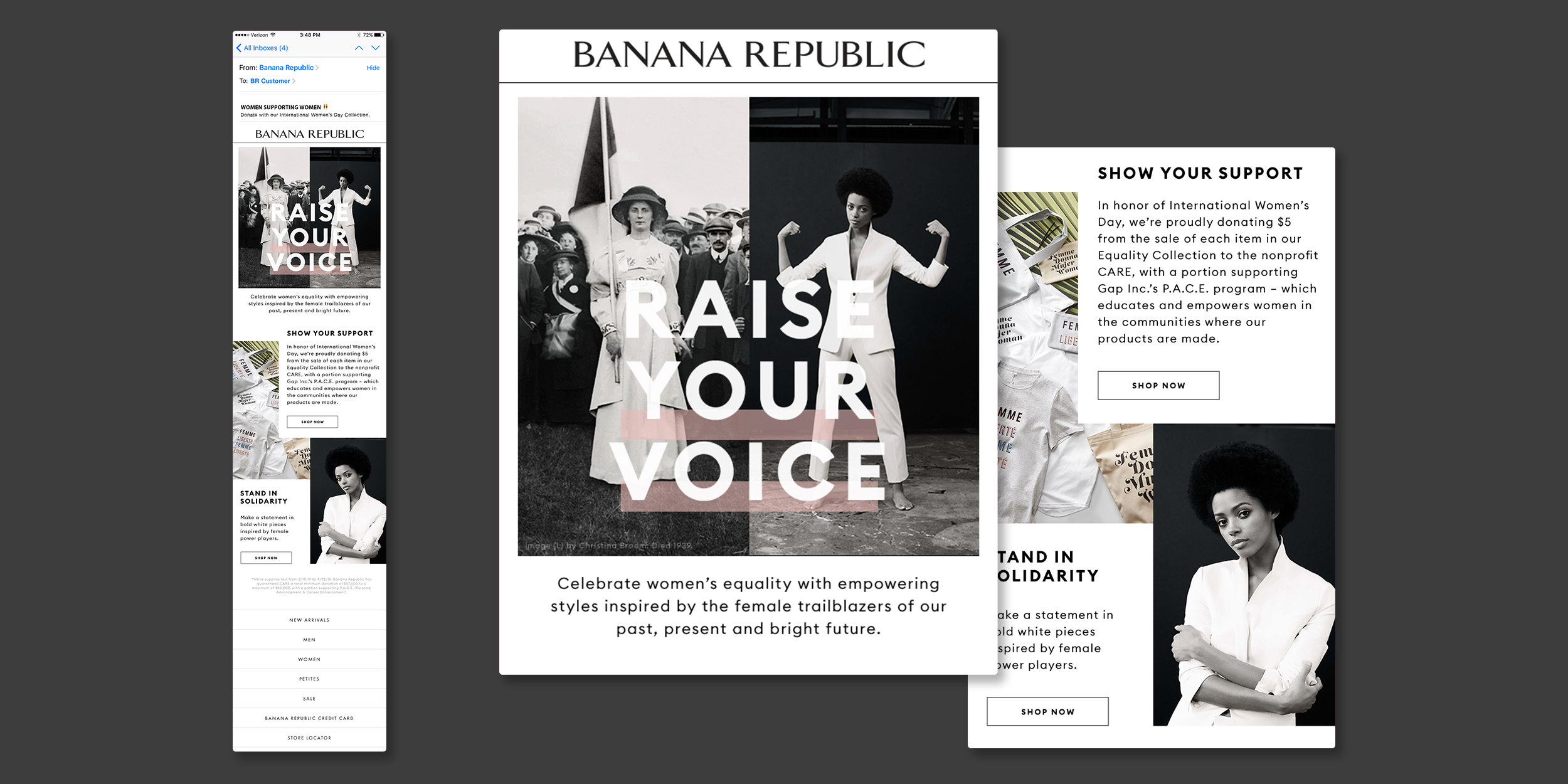 Screenshot of a promotional email from Banana Republic supporting women's equality, featuring black and white photos of women, with large white text saying 'RAISE YOUR VOICE', and a section about donations for International Women's Day.