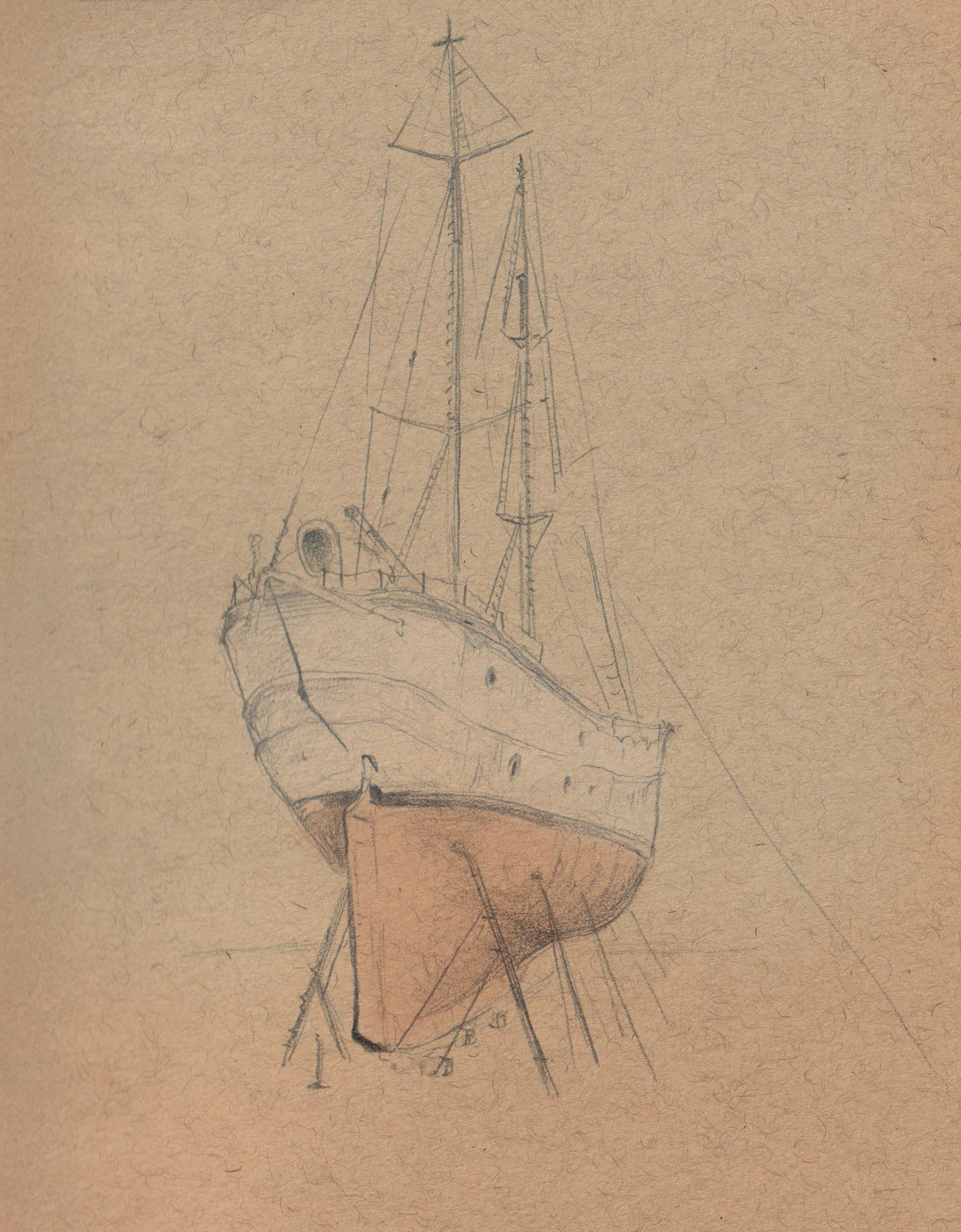 A detailed pencil sketch of a boat with a prominent mast and rigging, on textured paper.