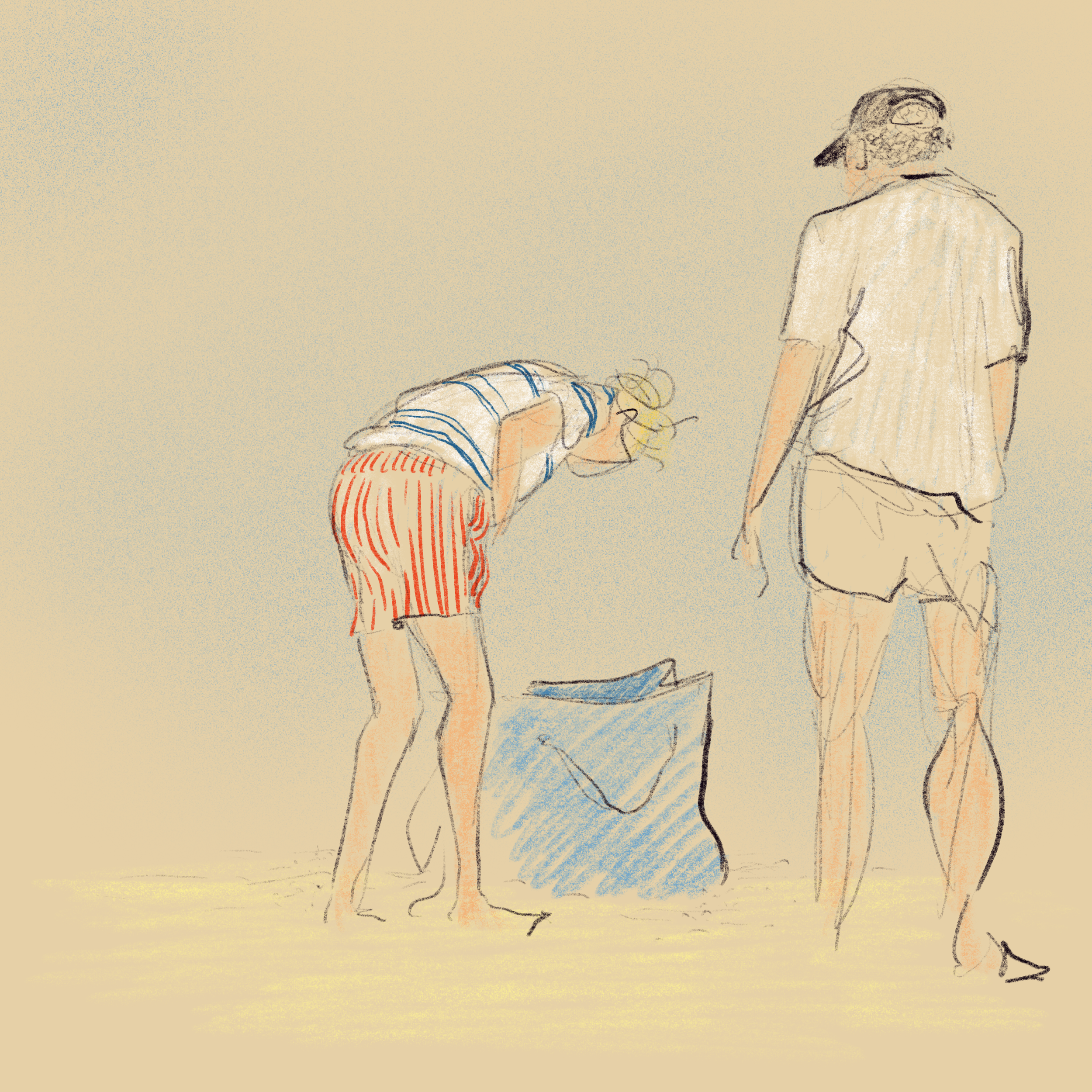 A hand-drawn illustration of three people on a beach. One person is lying on their stomach wearing a striped shirt, and two others are standing nearby, one in beige shorts and a white shirt with a hat, and the other in striped pants. The figures are 