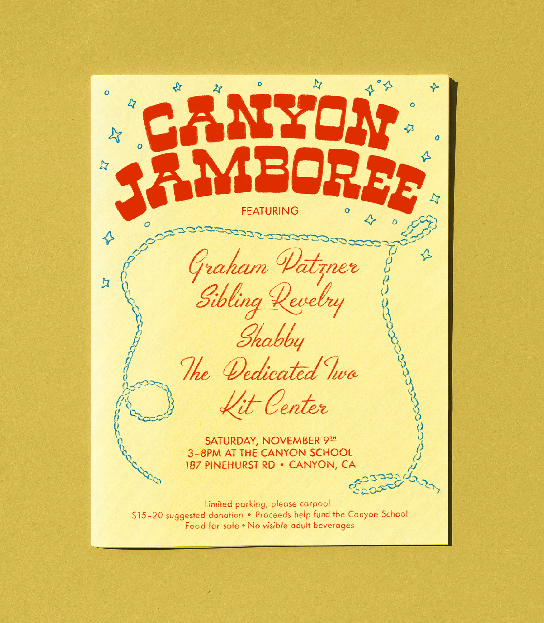 Colorful flyer for the Canyon Jaycees annual jamboree featuring Graham Patzner, Sibling Revelry, Shabby, The Dedicated Two, with event details and contact information.