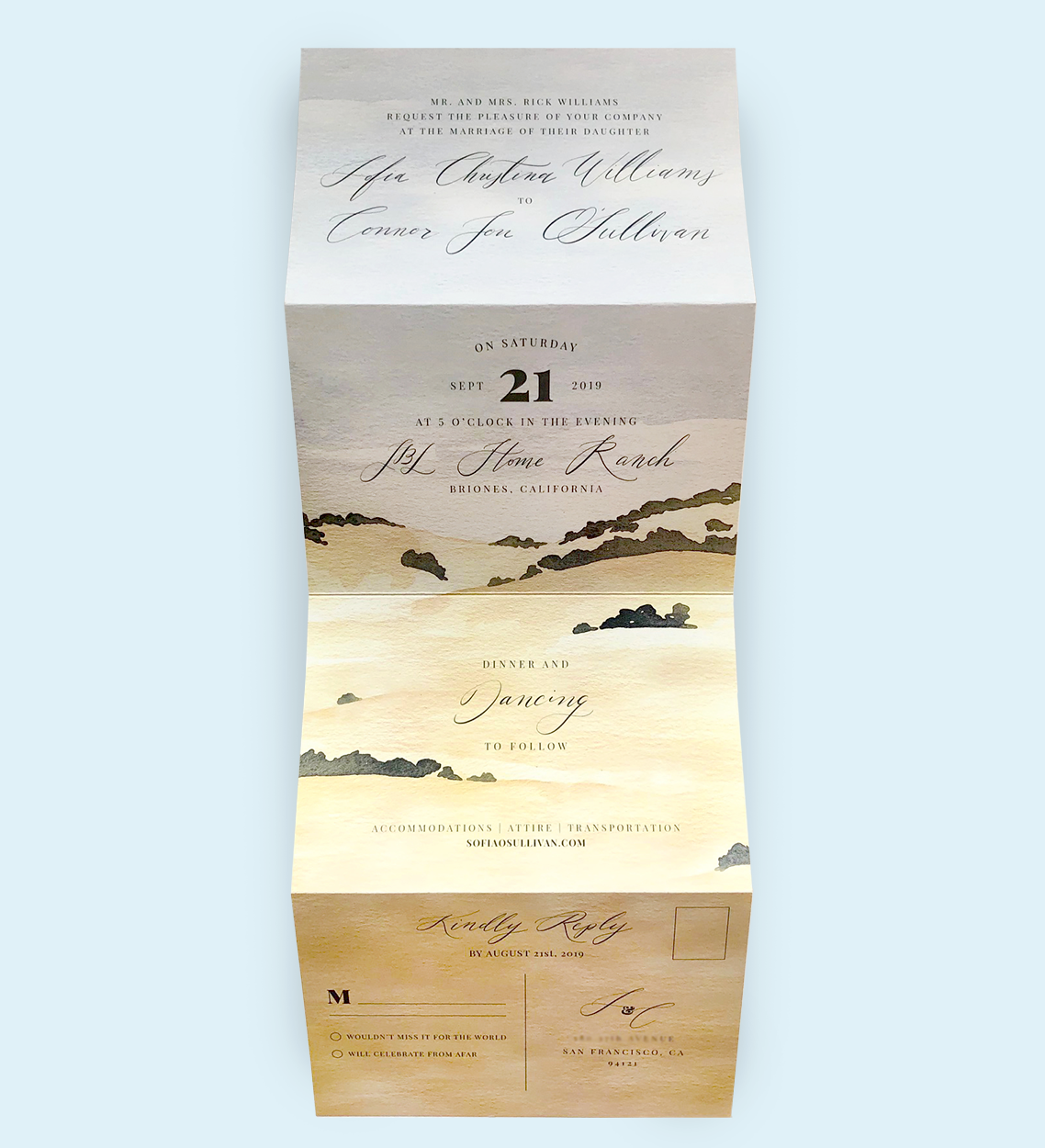 Wedding invitation with watercolor landscape, details for the wedding of Agia Christina Williams and Conner Jon Sullivan on September 21, 2019, at 5 o'clock p.m. at Home Ranch, Briones, California, with RSVP instructions and a response card.
