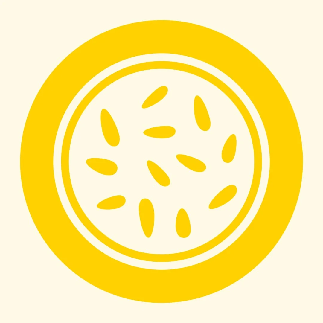 Stylized illustration of a lemon slice with seeds in the center, yellow on a light background.