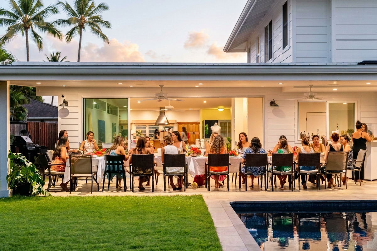People gathered around a long dining table outside a house, with palm trees and a swimming pool in the foreground during dusk.