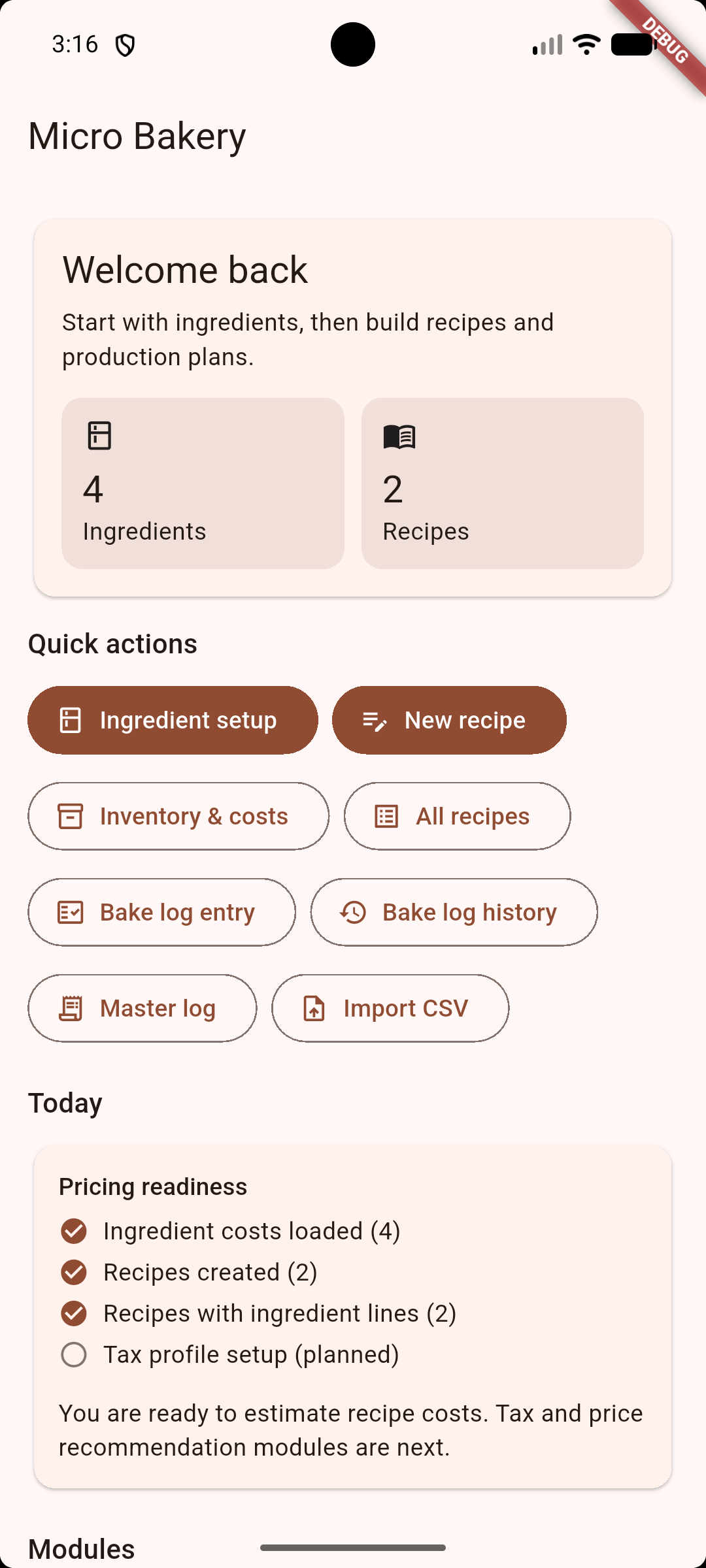 Micro bakery management app preview of home screen