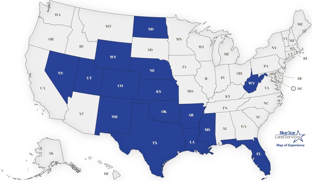 Map of the United States with selected states highlighted in blue.