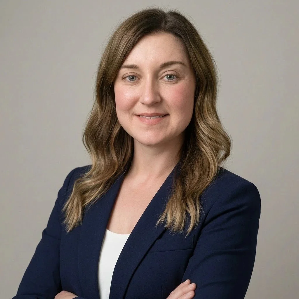 A woman with wavy brown hair wearing a navy blazer and white top, smiling with arms crossed, against a plain light-colored background.