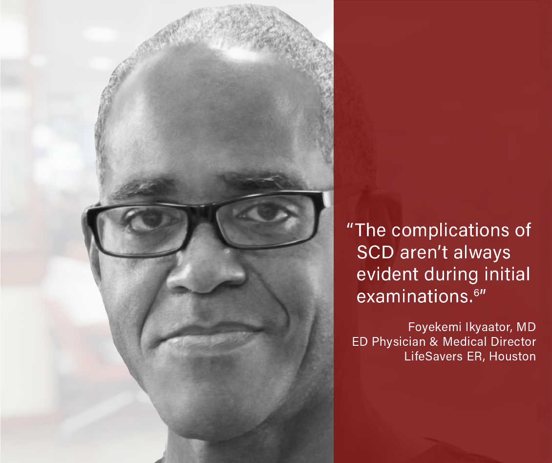 Black and white portrait of Dr. Foyekemi Ikyator, wearing glasses, with a red overlay on the right side containing a quote about complications in SCD.