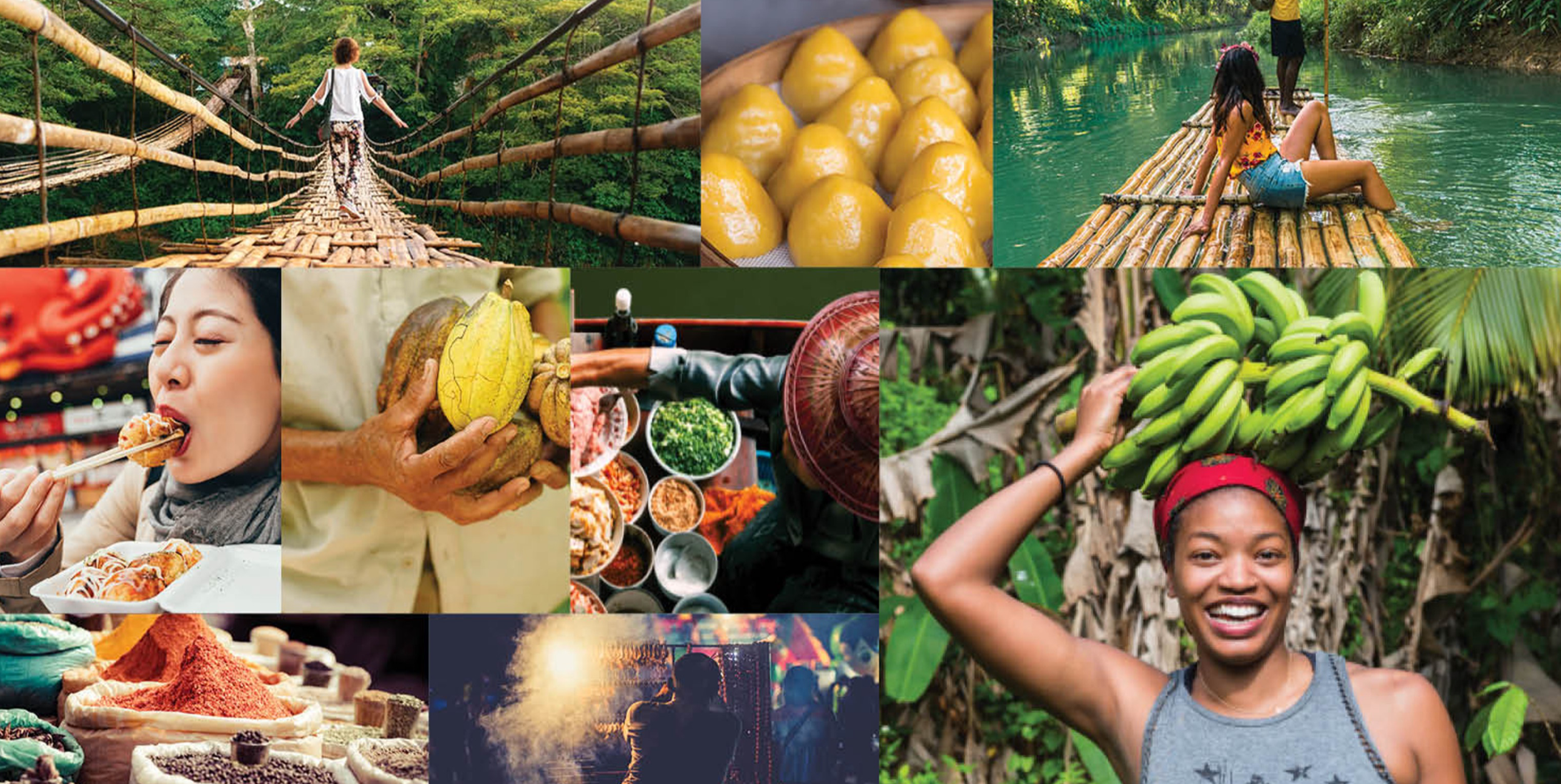 A collage of scenes including a woman crossing a bamboo bridge in a forest, yellow pastries, a girl sitting on a bamboo raft in a river, a woman eating food with chopsticks, a woman holding a jackfruit, a market stall with bowls of ingredients, a woman smiling with bananas on her head, and a colorful festival with fireworks.