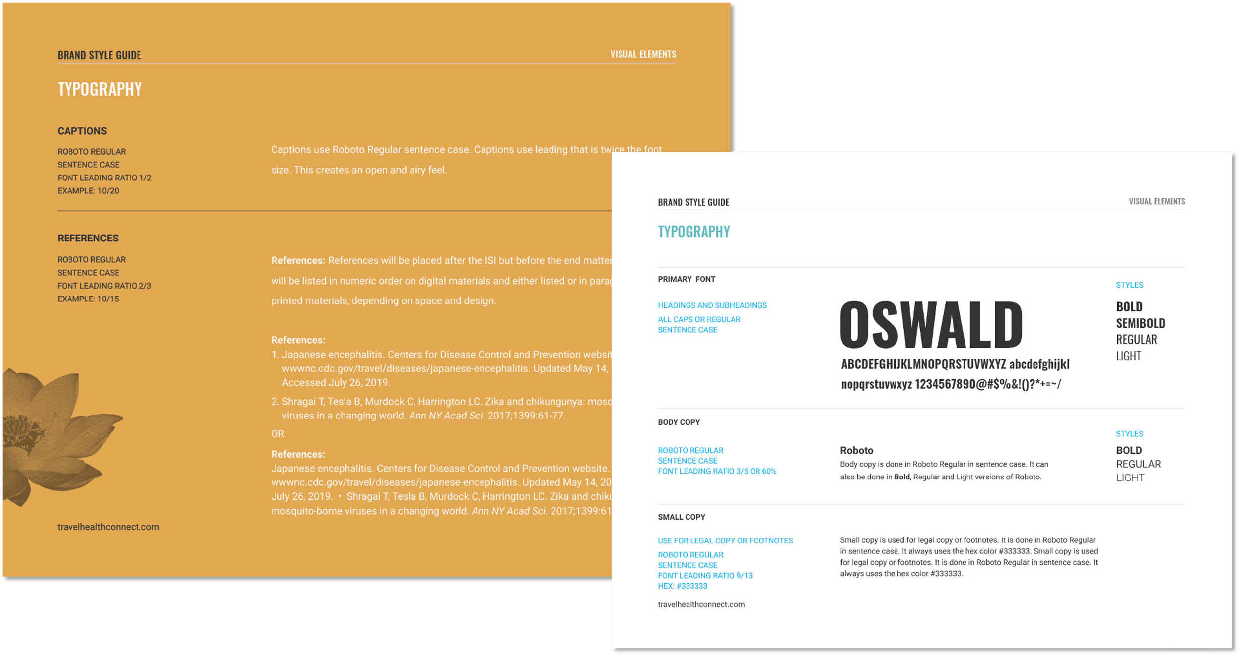 Comparison of two style guides showing different typographies, fonts, and style elements for branding and visual communication.