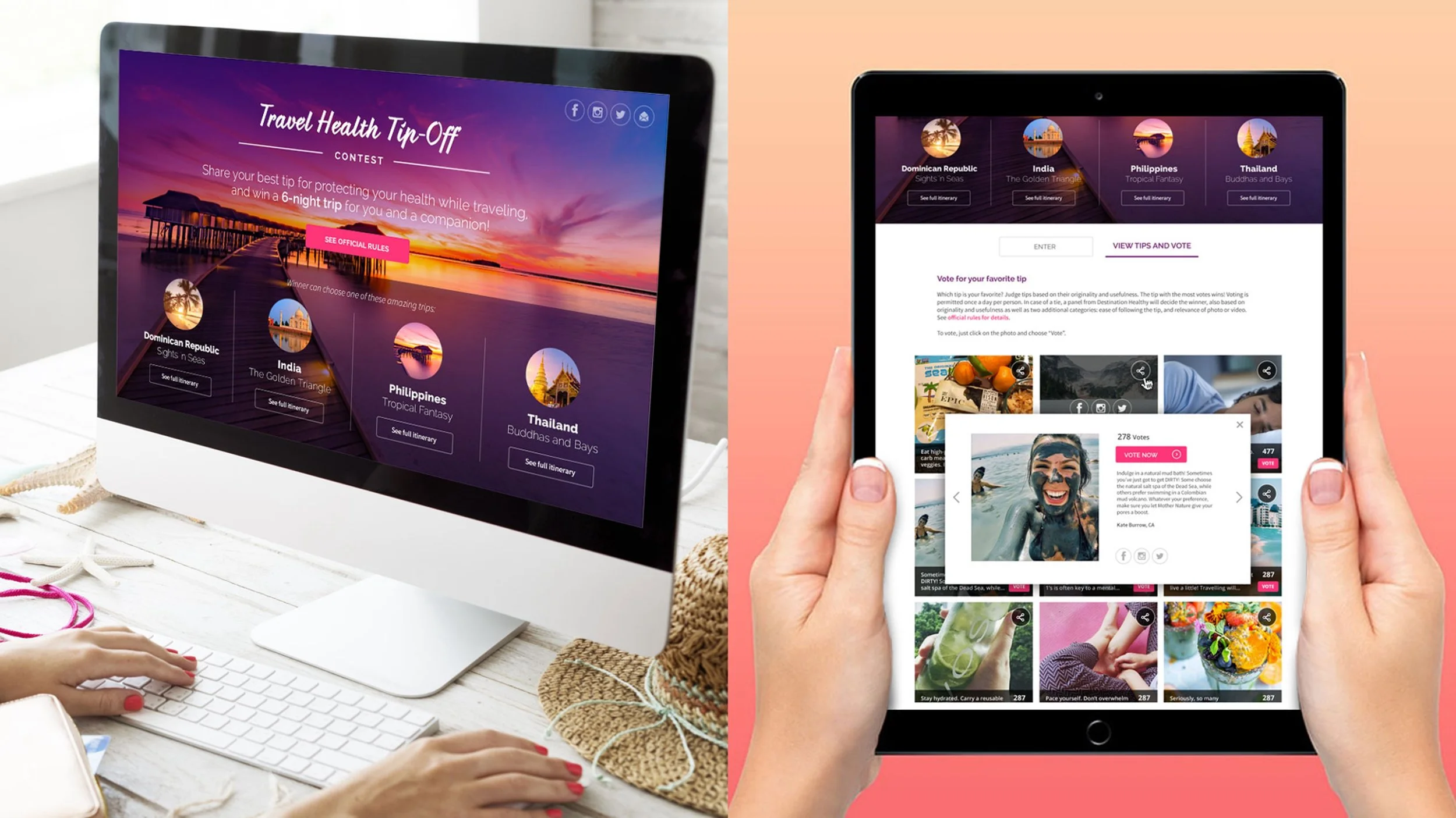Computer screen displaying a travel health tip contest with a sunset background, and a person holding a tablet showing a poll about travel tips with various images and votes.