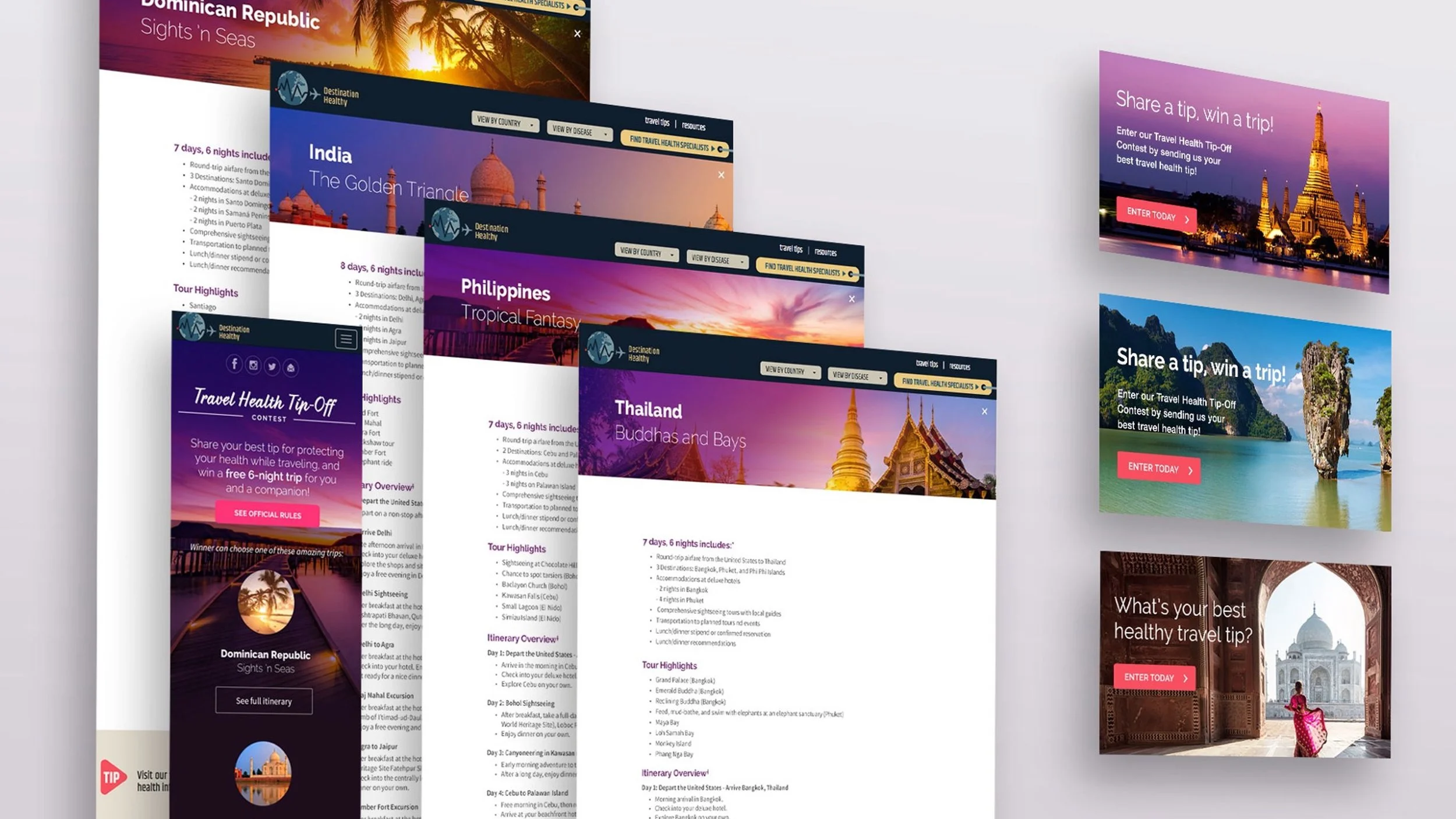 A collage of digital travel advertisements showcasing various destinations including the Dominican Republic, India, Philippines, Thailand, and travel tips contests with vibrant images of landmarks, sunset and nature scenes, and promotional text.