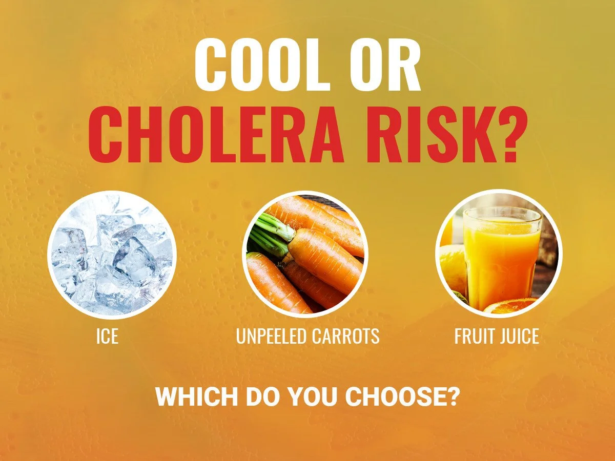 Digital graphic with orange background showing the question "Cool or Cholera Risk?" and three options: ice, unpeeled carrots, and fruit juice, each represented by a circular photo with labels underneath. The prompt asks "Which do you choose?"
