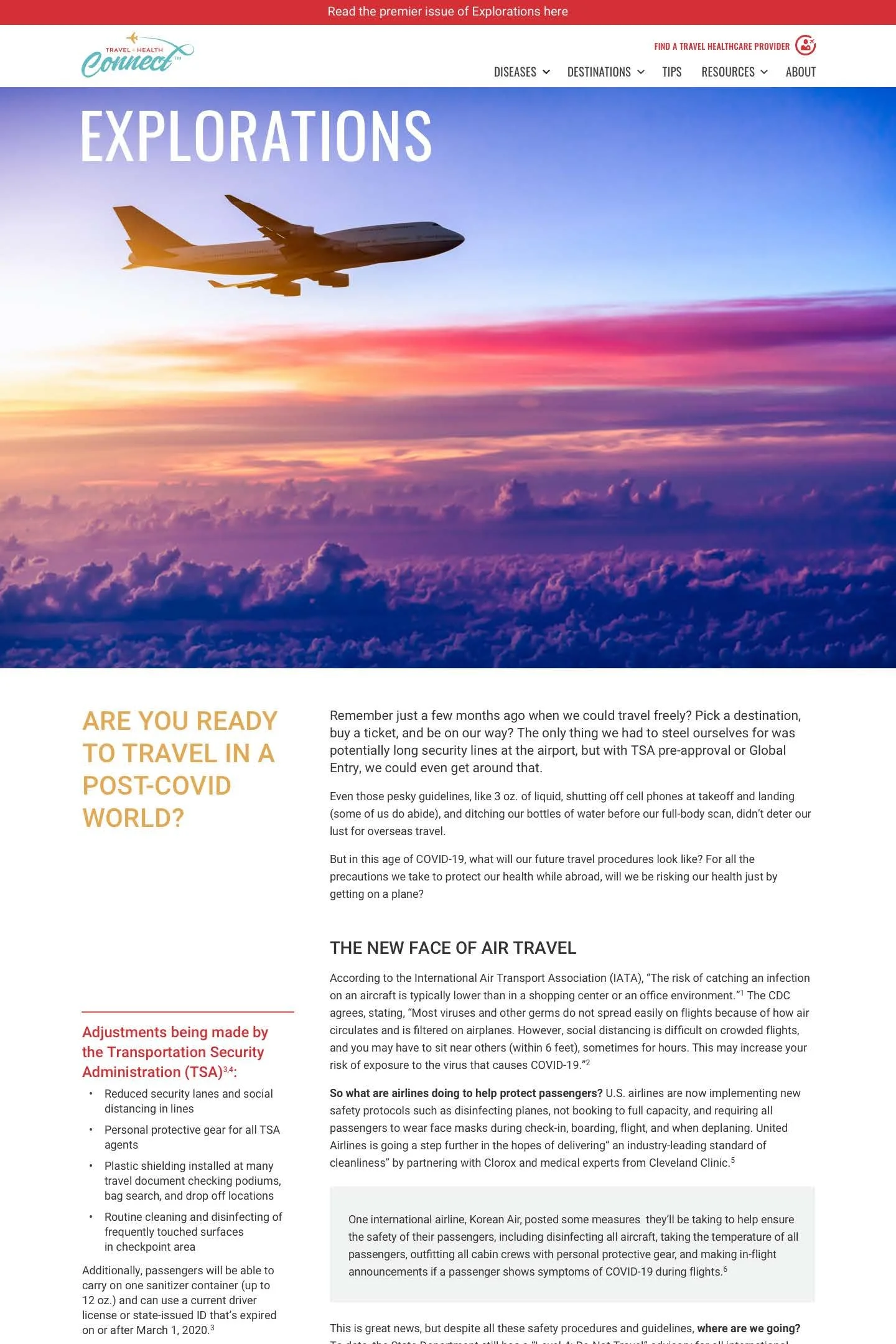 The webpage titled 'Explorations' featuring a plane flying over colorful clouds at sunset or sunrise, with menu options for diseases, destinations, tips, resources, and about, and a red banner at the top that reads 'Read the premier issue of Explorations here'.