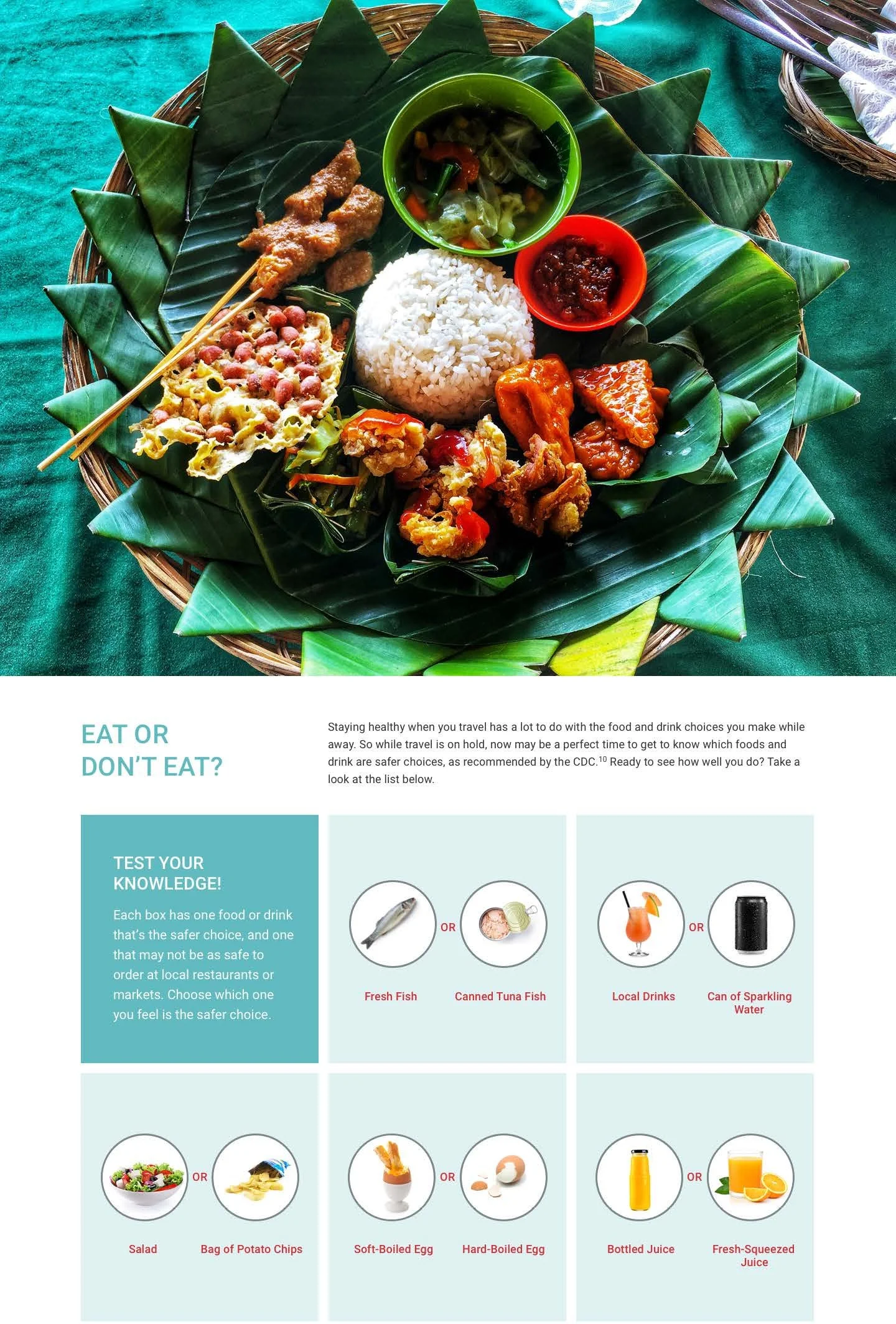 A plate of Asian food with rice, vegetables, chicken satay, and sauces, placed on a large green banana leaf on a basket tray.