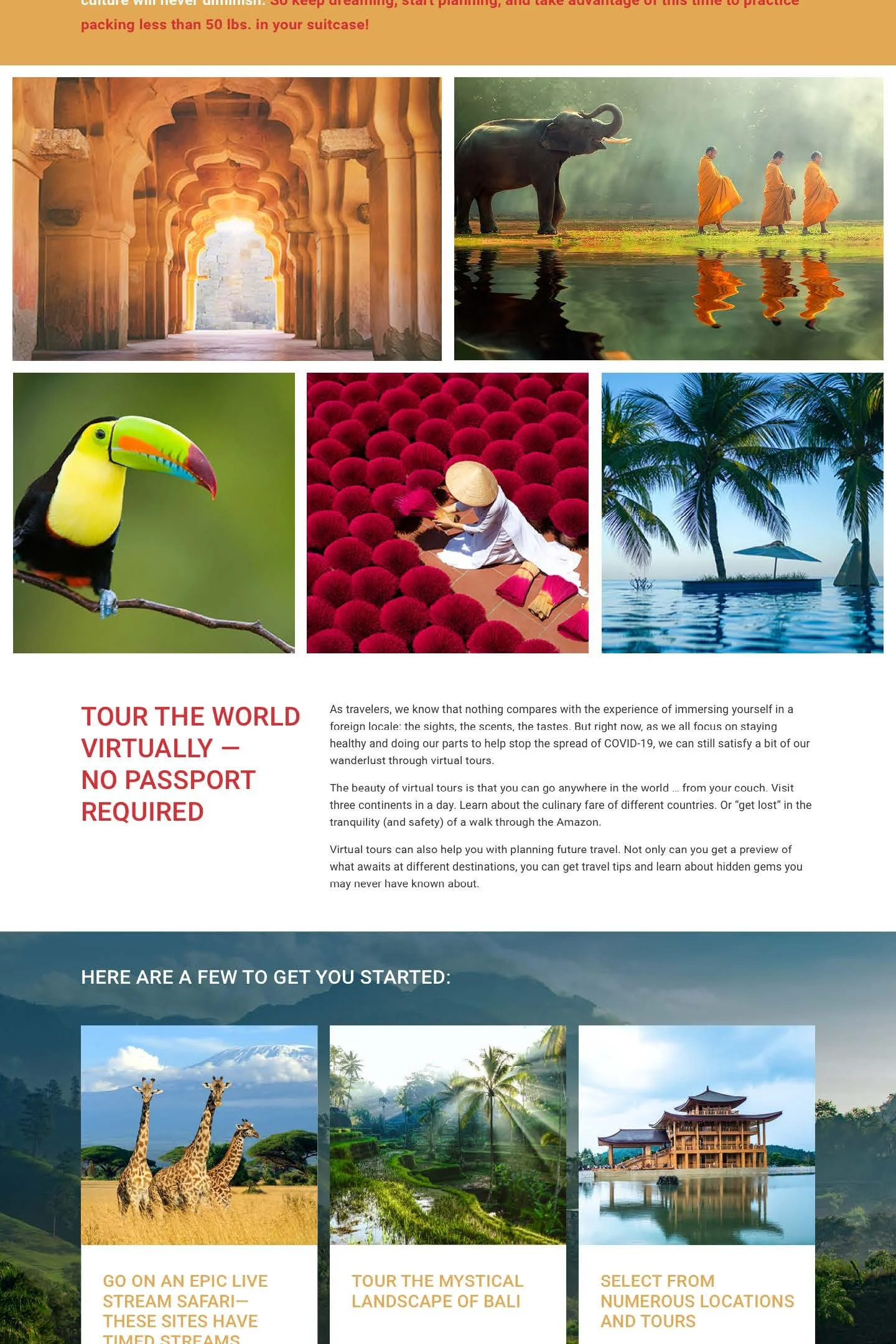 Collage of five travel destination images: an ancient arched gateway at sunrise, elephants and monks in a jungle, a toucan bird on a branch, a woman harvesting red pom-poms, a tropical beach with palm trees and a pool, and giraffes in the savannah.