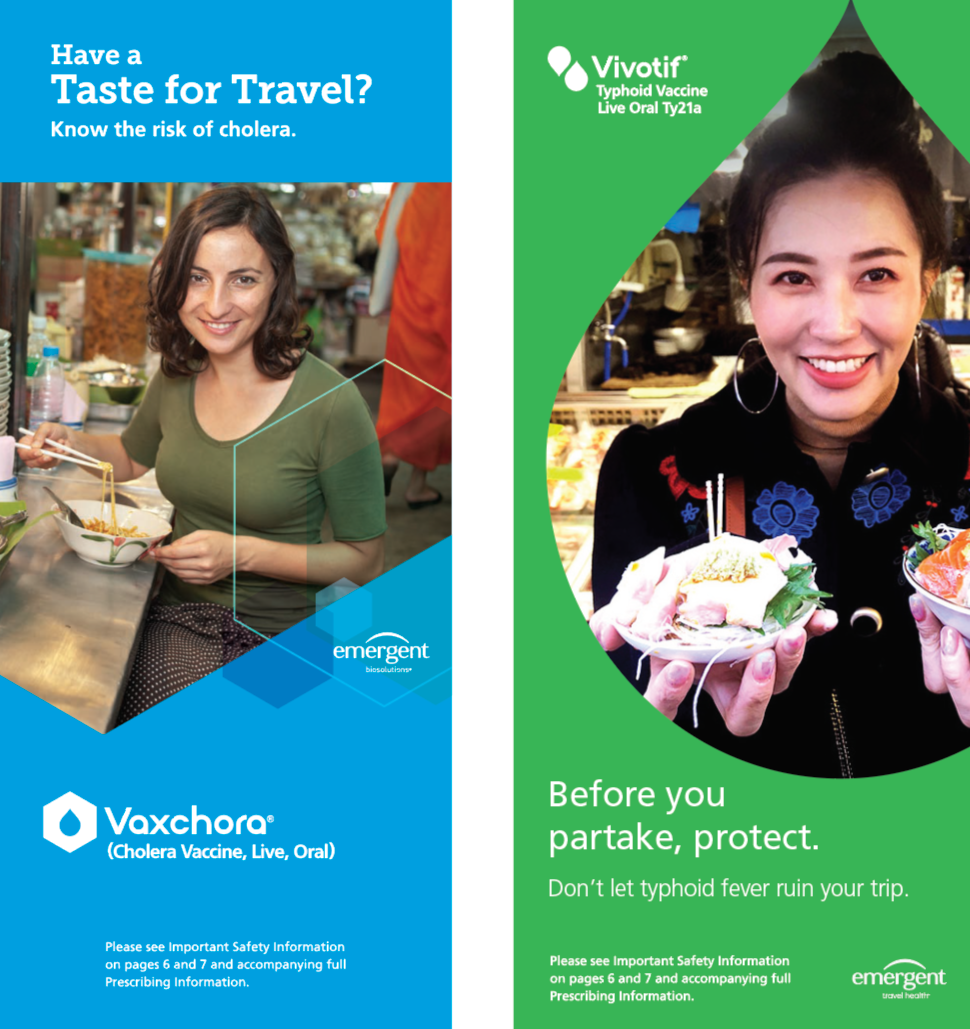 A split poster promoting travel health vaccines. The left side shows a woman smiling at a market while eating noodles, with a blue background and text about cholera vaccines. The right side shows a woman holding a plate of food, smiling, with a green background and text about typhoid vaccine prevention.