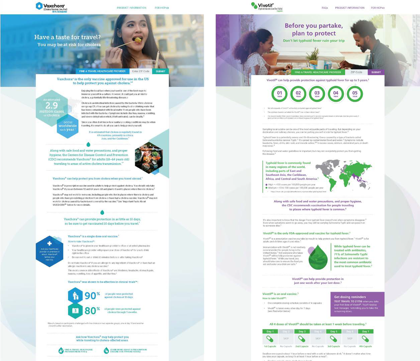 Travel health information brochures for cholera vaccine and typhoid vaccine, featuring images of a woman eating and two people preparing food, with maps and iconography about disease prevention.
