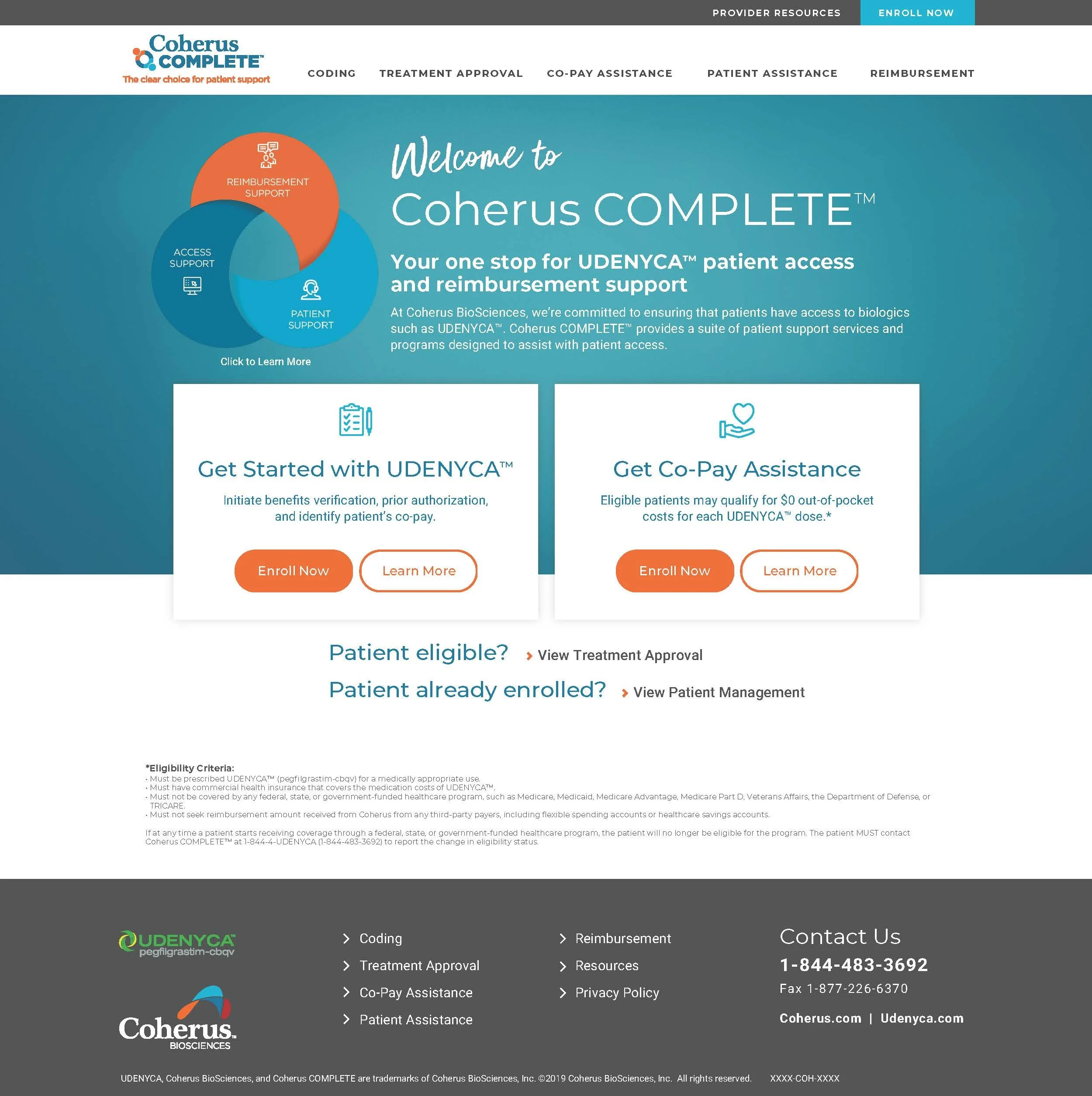 Screenshot of the Coherus Complete website, promoting patient support services for biologic access and reimbursement, with navigation options and contact information.