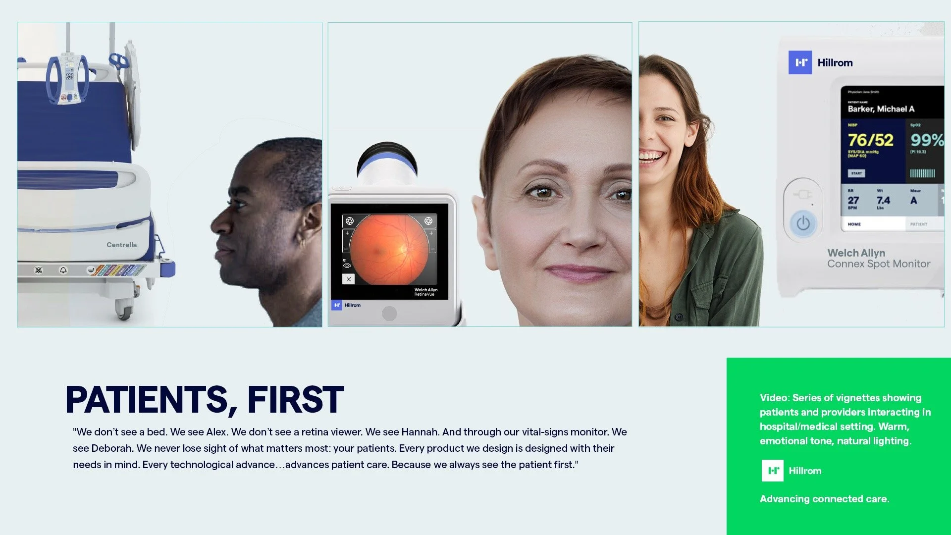A promotional image for Hillrom showing a series of medical devices, including a retina viewer and a connected patient monitor, with images of patients and healthcare professionals, emphasizing patient-first healthcare technology.