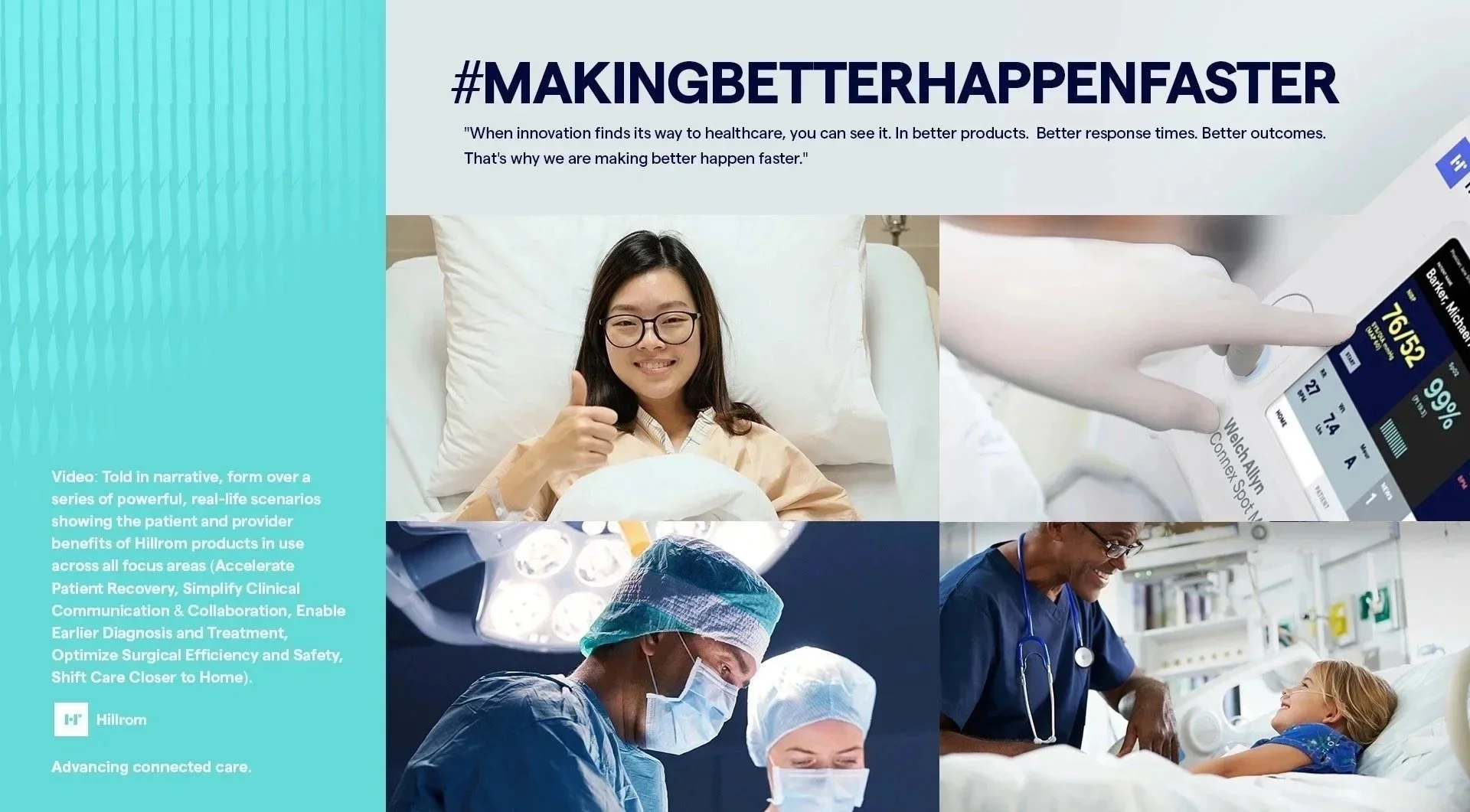 Healthcare professionals and patients in medical settings, with a focus on medical technology and patient care, featuring a woman lying in bed giving a thumbs-up.