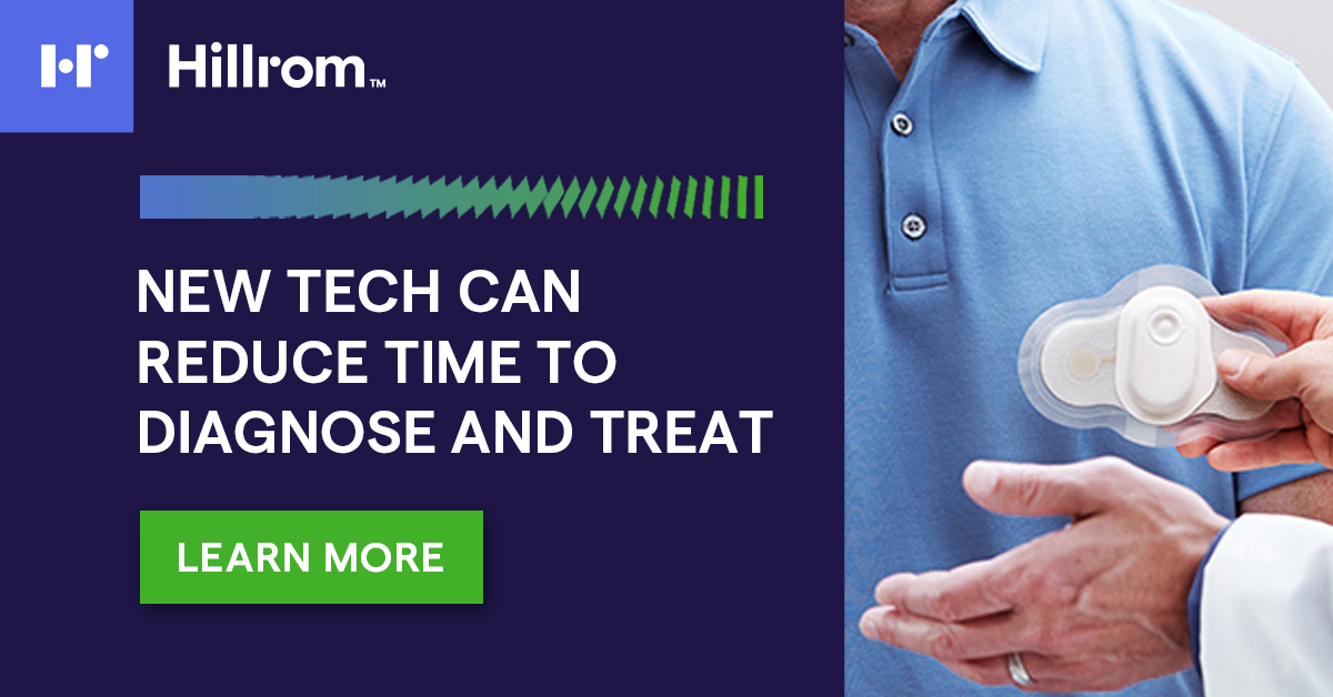 Advertisement for Hillrom showcasing medical technology that reduces diagnostic and treatment time, featuring a person in a blue shirt holding a medical device.