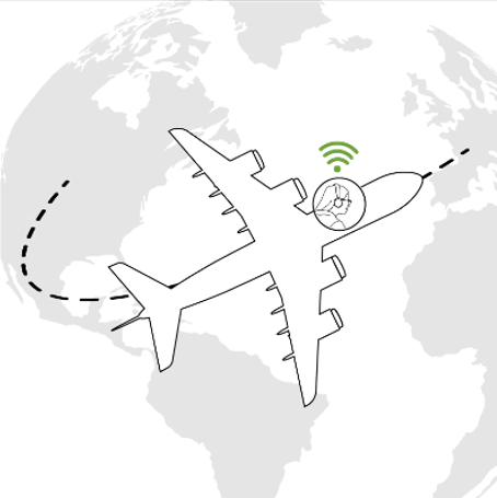 Illustration of an airplane with a drone flying near it through a global map, indicating air traffic or drone technology.