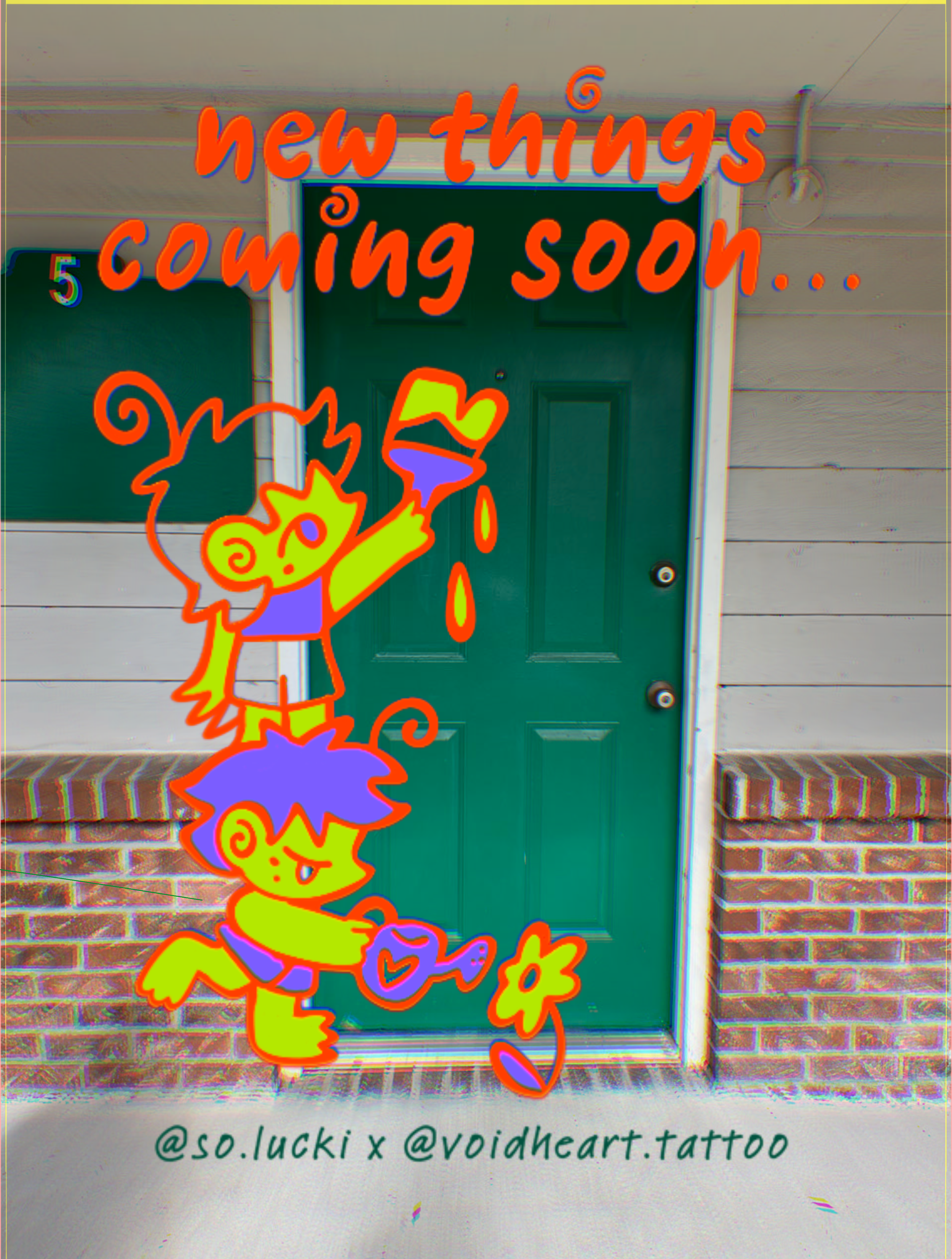 A door with a colorful illustrated sticker of a dragon holding a bouquet of flowers, surrounded by the text 'new things coming soon...' in bright red letters. A social media handle '@so.lucki x @voidheart.tattoo' is written underneath.