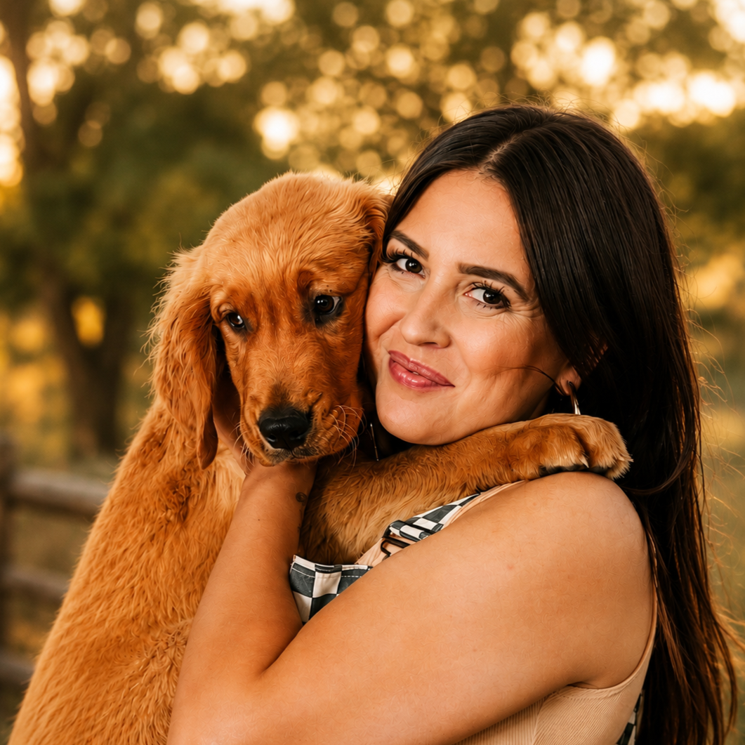 Woman holding adorable golden retriever puppy outdoors during sunset.