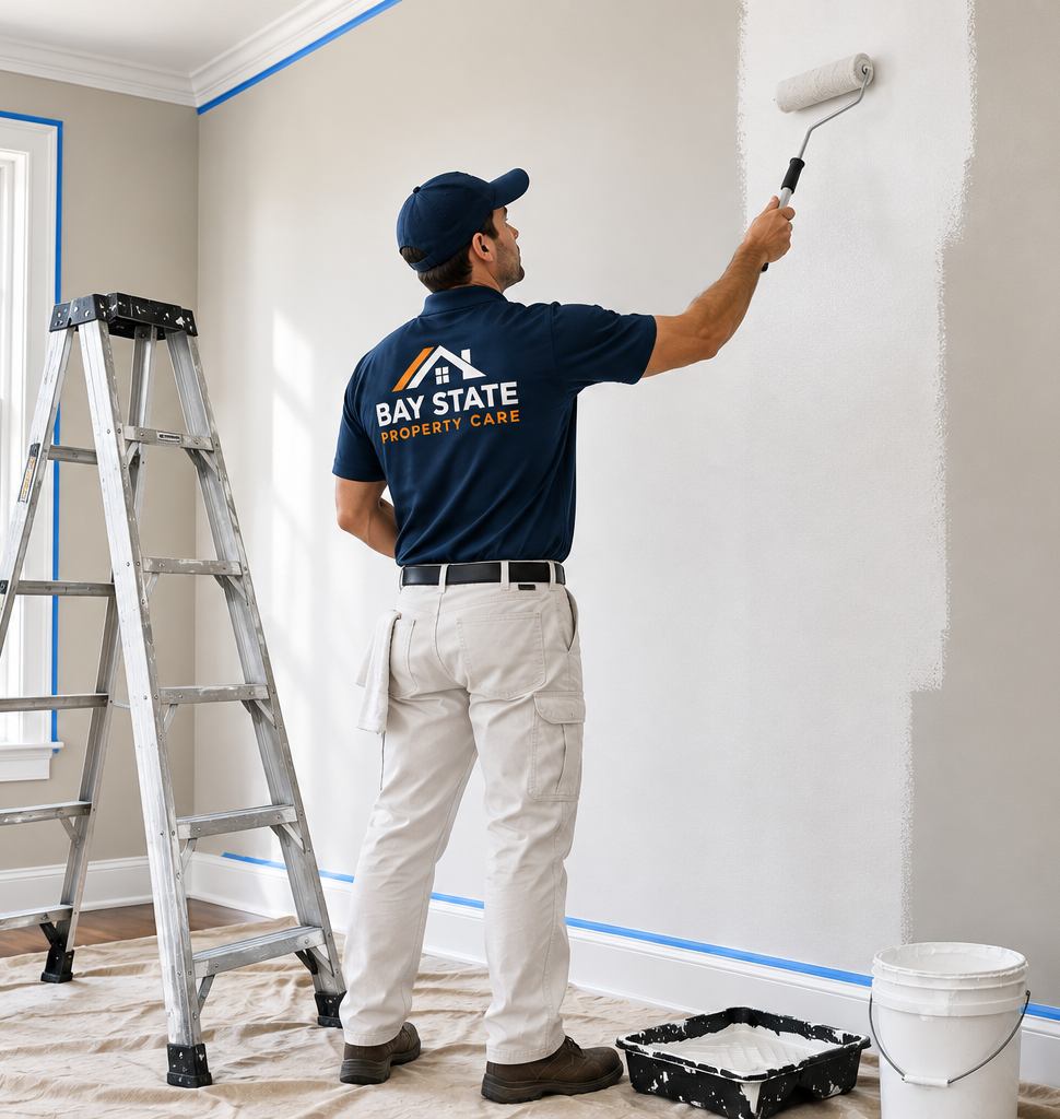 A man wearing a navy blue shirt with the logo 'Bay State Property Care' is painting the upper part of a wall with a paint roller. There is a stepladder nearby and painter's tape along the edges of the wall and ceiling. The man is standing on a beige sheet covering the floor, with a bucket of white paint and a paint tray nearby.