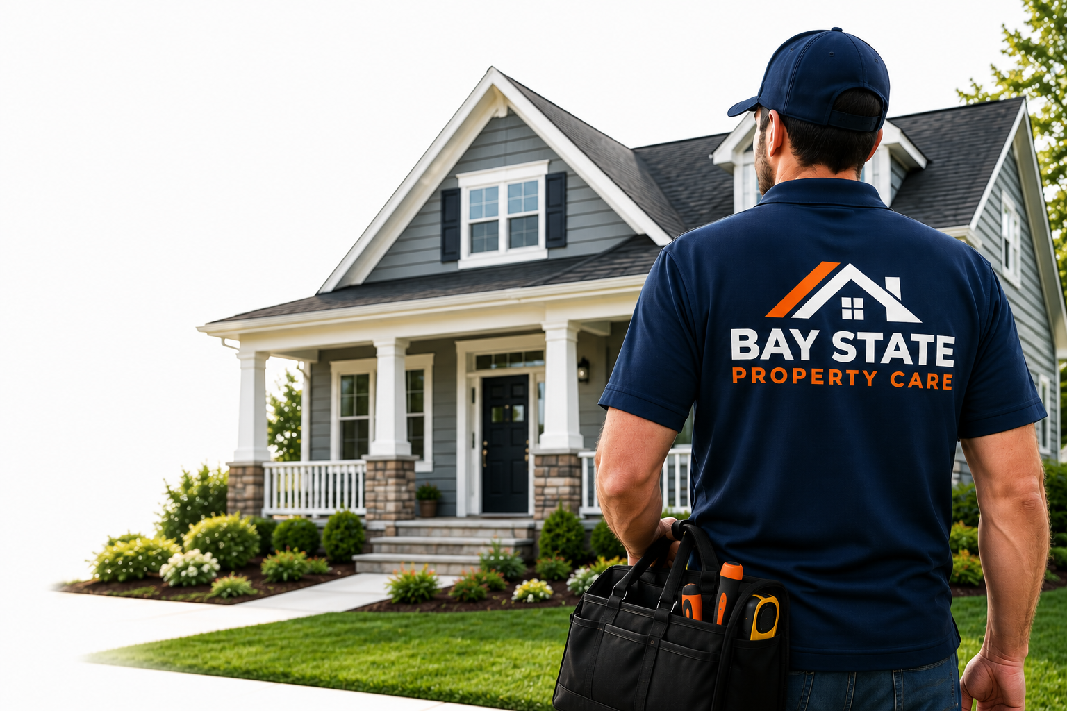 A Bay State Property Care worker in a navy uniform with a tool belt, standing in front of a modern suburban house with landscaping.