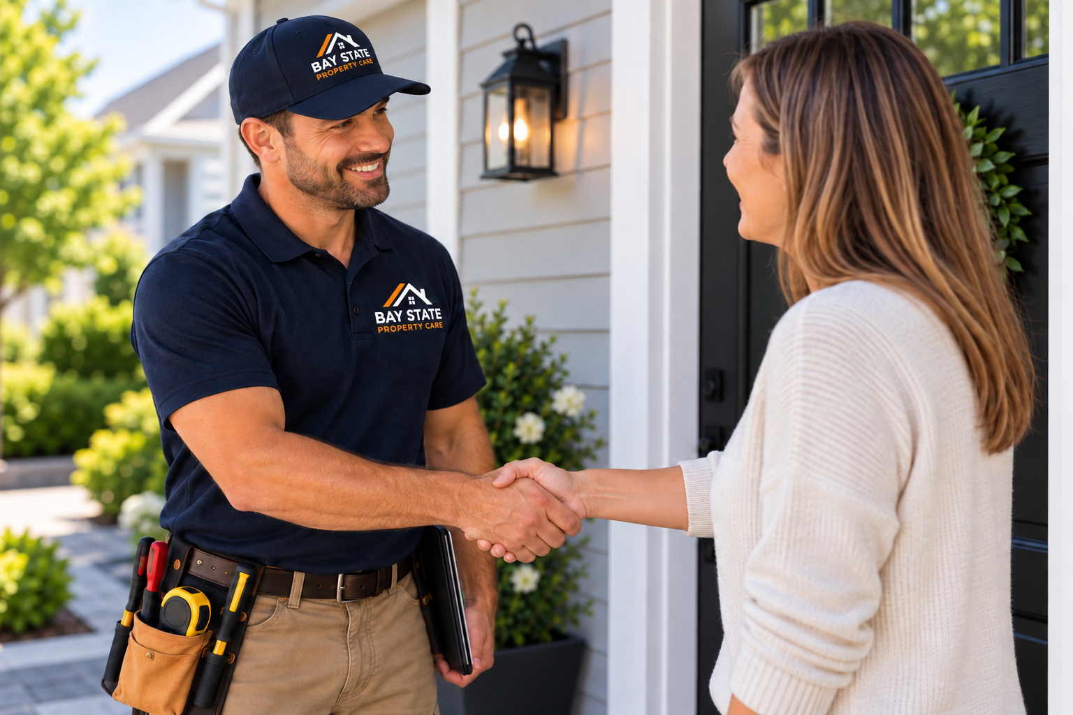 A Bay State Property Care worker shaking hands with a woman at her front door on a sunny day.