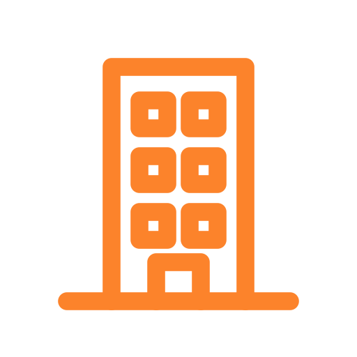 Orange icon of a building with six windows and a door.