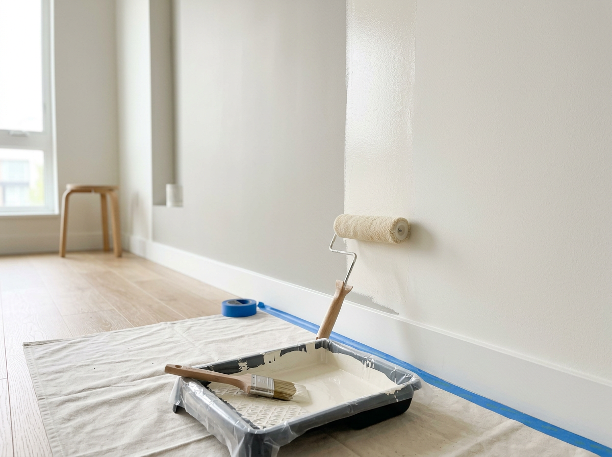 A paint roller and brush resting in a tray filled with white paint, placed on a drop cloth on the floor, during a home painting project.