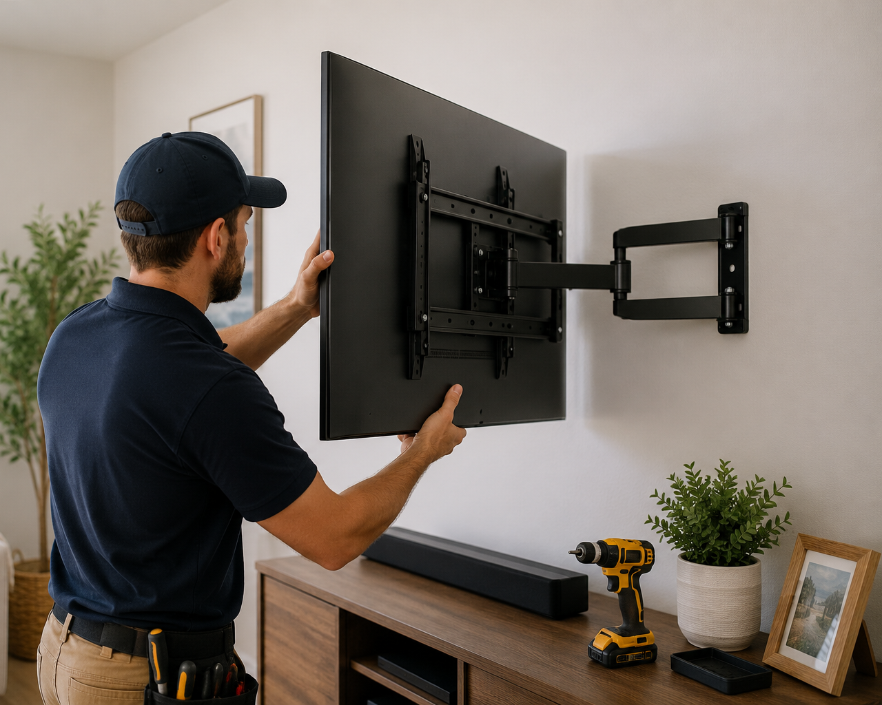 Man installing a flat-screen TV on a wall using a wall mount. There is a drill, a plant, a picture frame, and a soundbar on a wooden cabinet below.