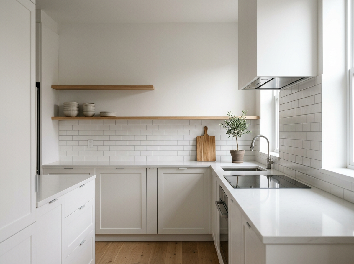 Minimalist kitchen with white cabinets, a white countertop, and a white subway tile backsplash.