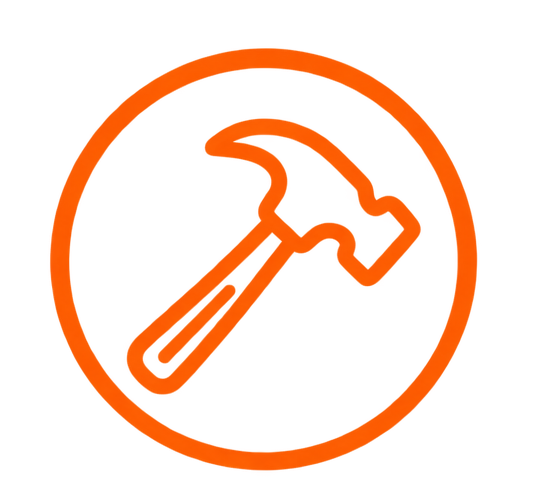 An orange icon of a hammer inside a circle.