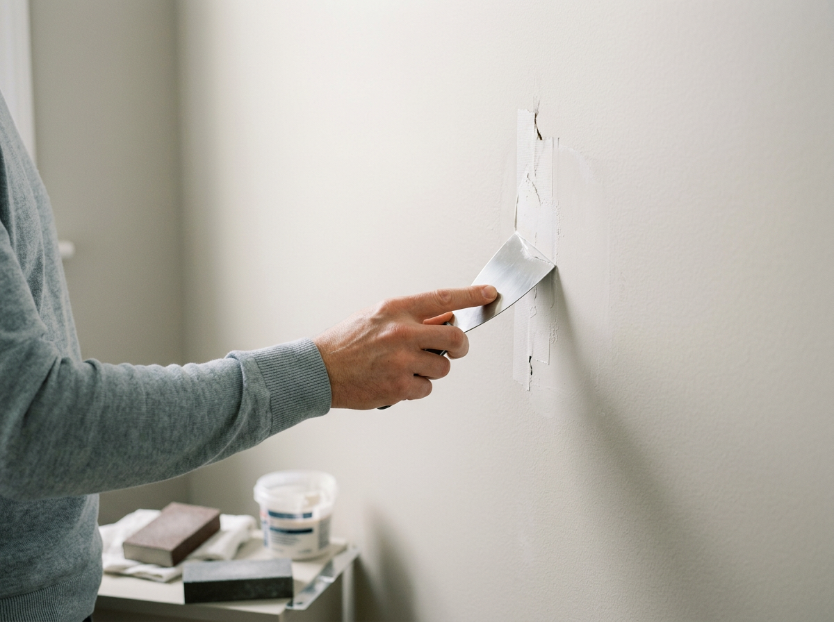 Person using a putty knife to scrape damaged wallpaper or drywall from a white wall.