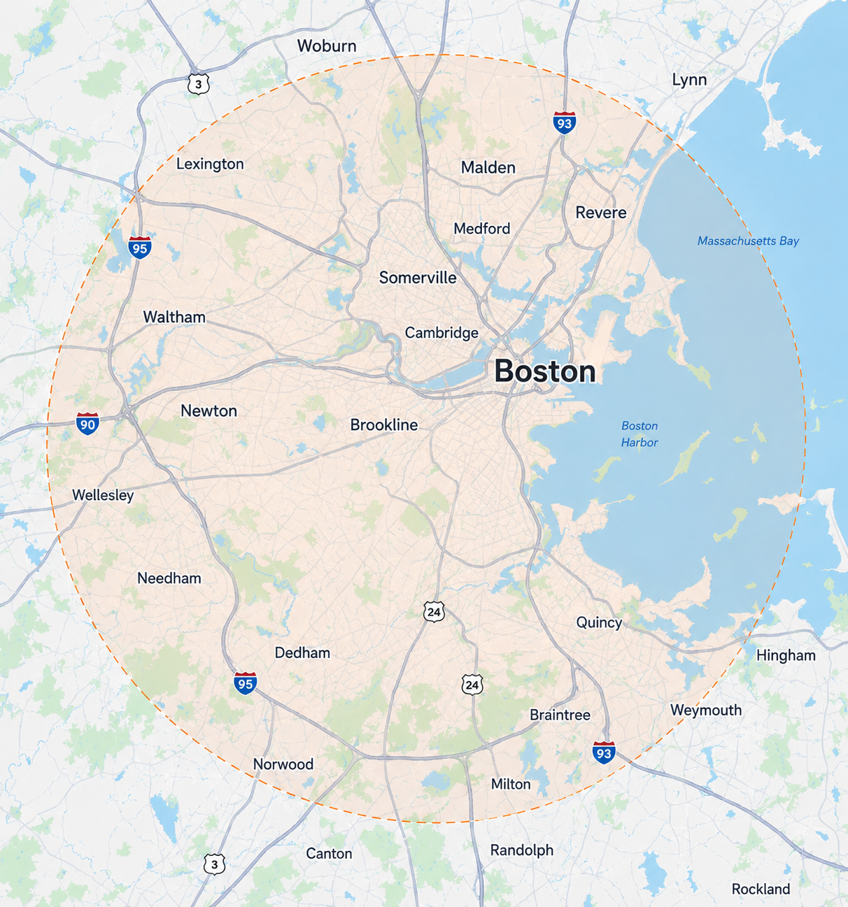 Map of Boston and surrounding areas showing city neighborhoods, major highways including I-95, I-93, and I-90, and bodies of water like Boston Harbor and Massachusetts Bay.