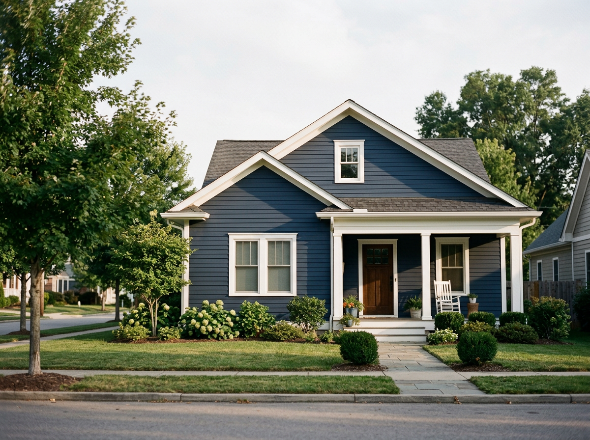 A blue house with white trim and a porch, surrounded by a garden with green bushes and trees.