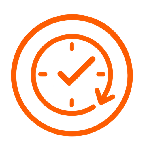 An orange icon of a clock with a checkmark and a circular arrow.