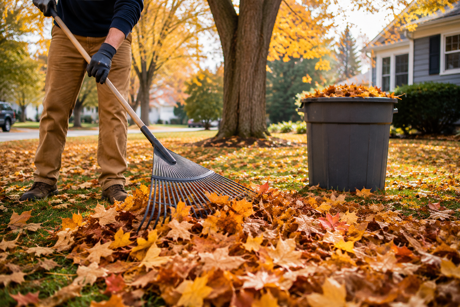 Person raking fallen autumn leaves in front yard with a trash can nearby, trees with yellow and orange leaves in background.