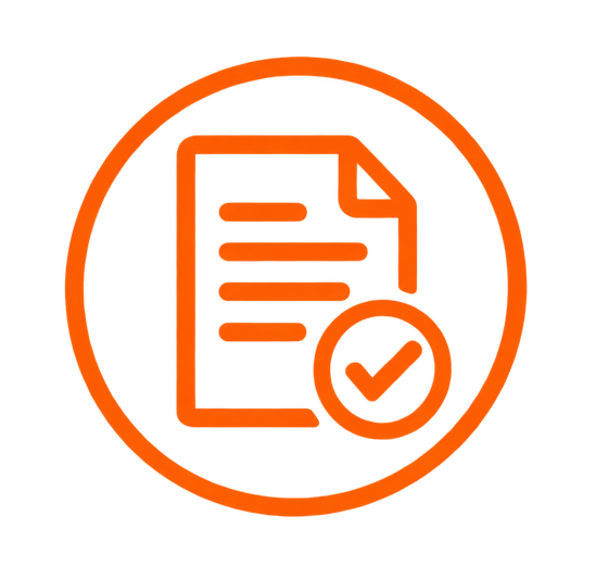 An orange icon of a document with a checkmark inside a circle.