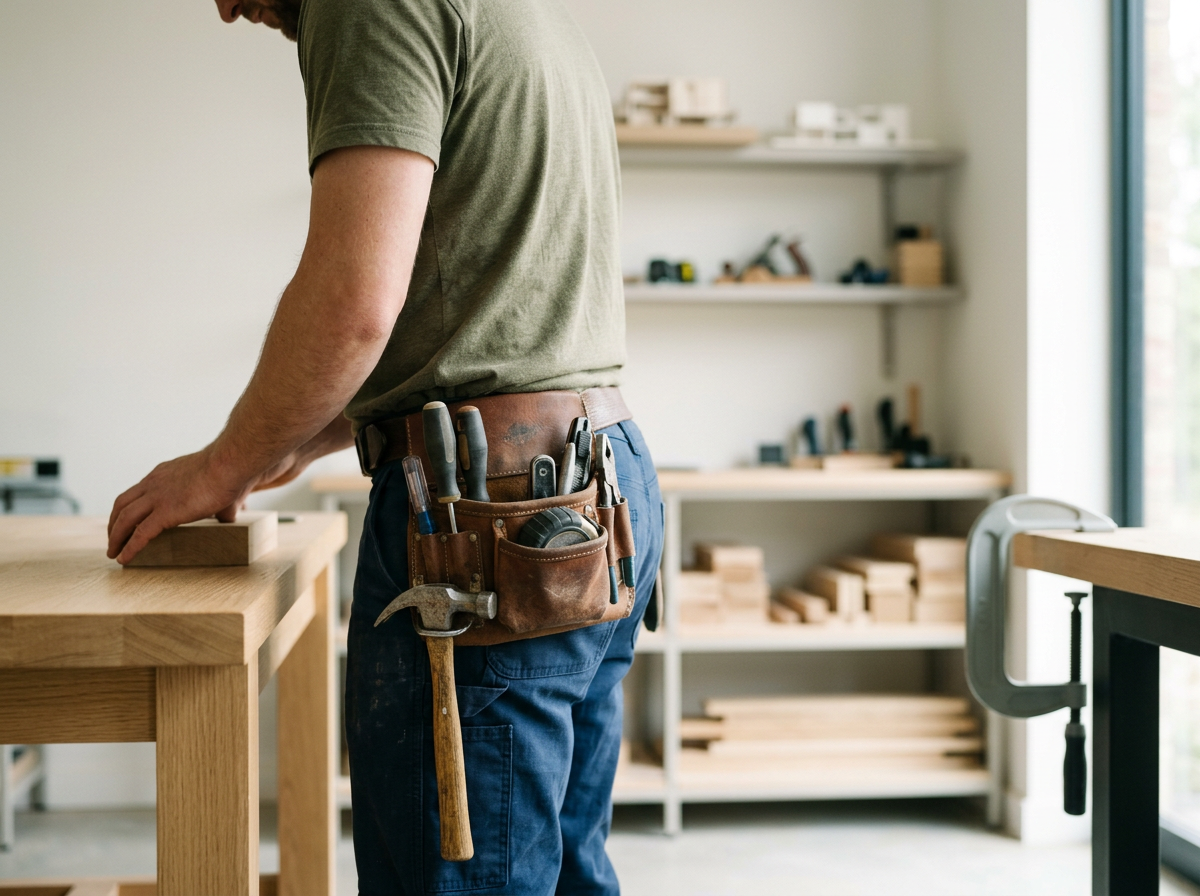 A man in a workshop wearing a tool belt filled with various hand tools, working at a wooden workbench during daytime.