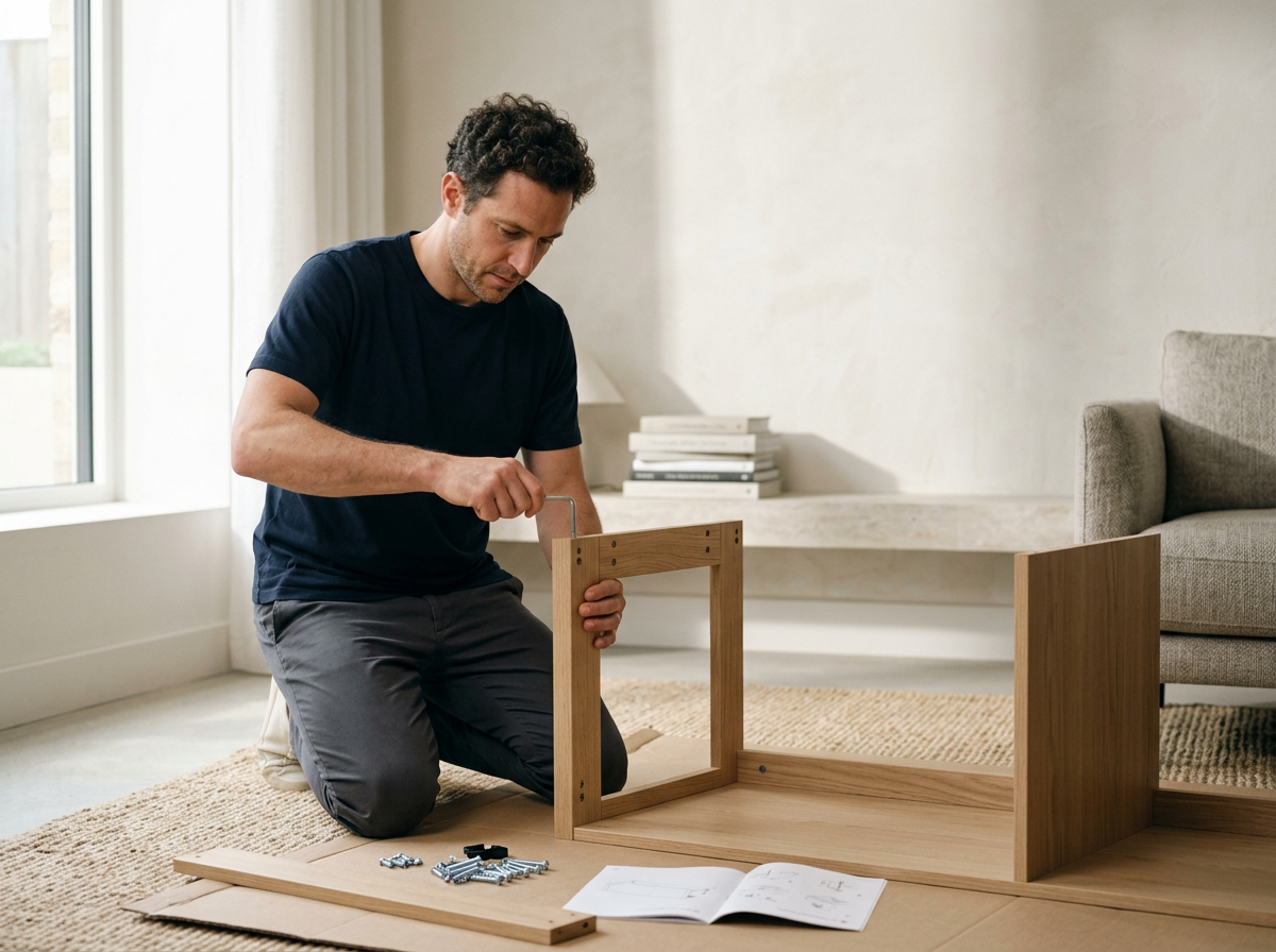 A man assembling a wooden furniture piece on a beige carpet in a well-lit room, with tools, screws, and an instruction manual laid out nearby.