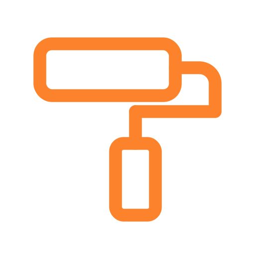 Icon of a paint roller in orange outline.