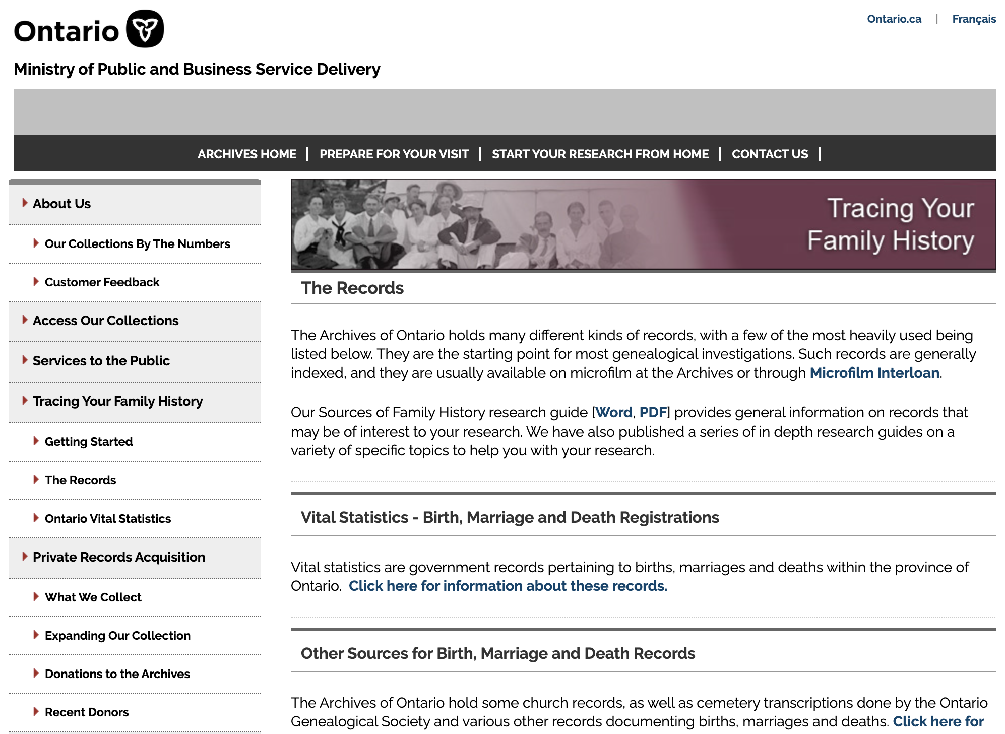 Old topic page for family history, featuring a black and white photo of a group of people sitting outdoors, and text sections about family history records and vital statistics.